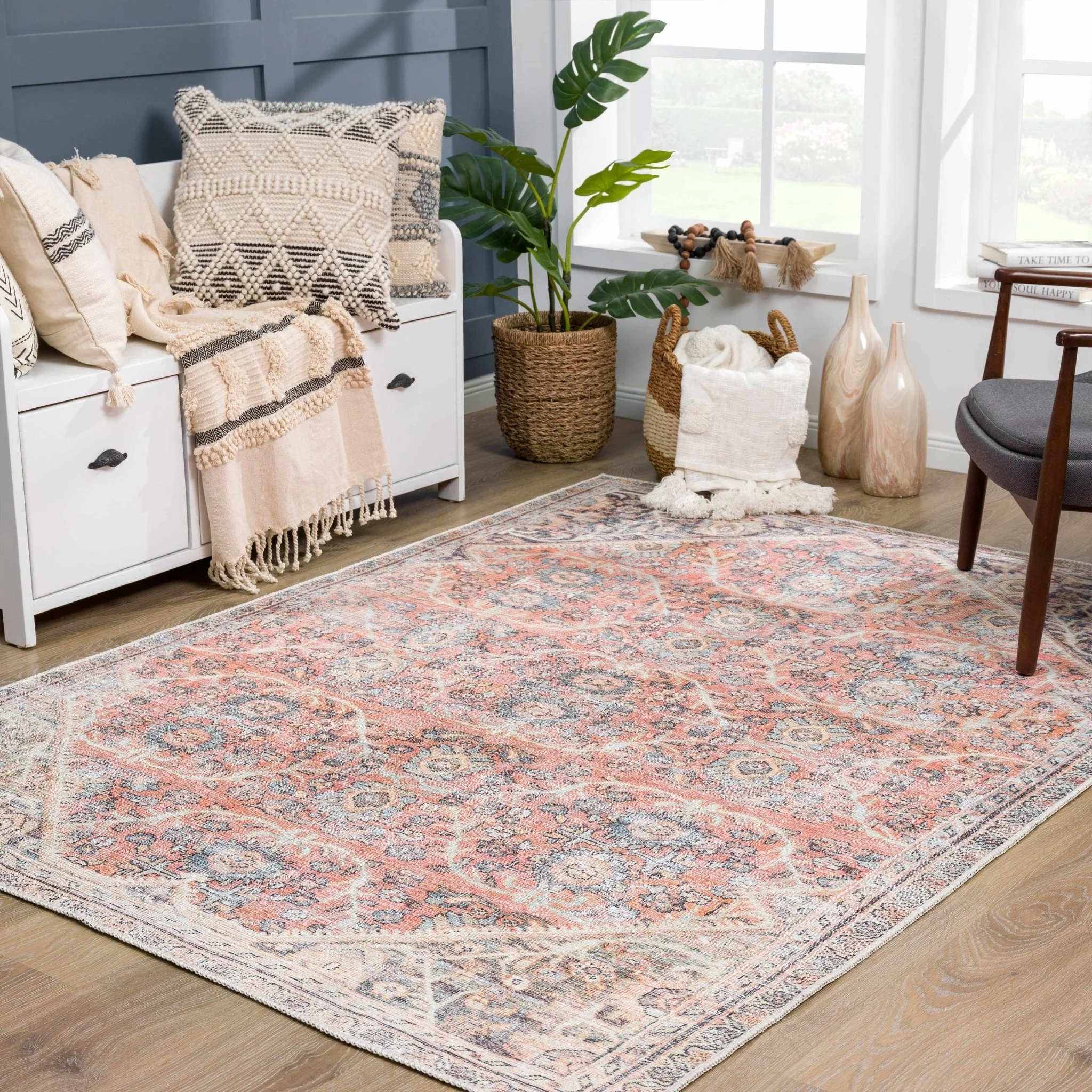Vintage Style Dark Peach, Purple and Beige Traditional Design Washable Area Rug - Image 14