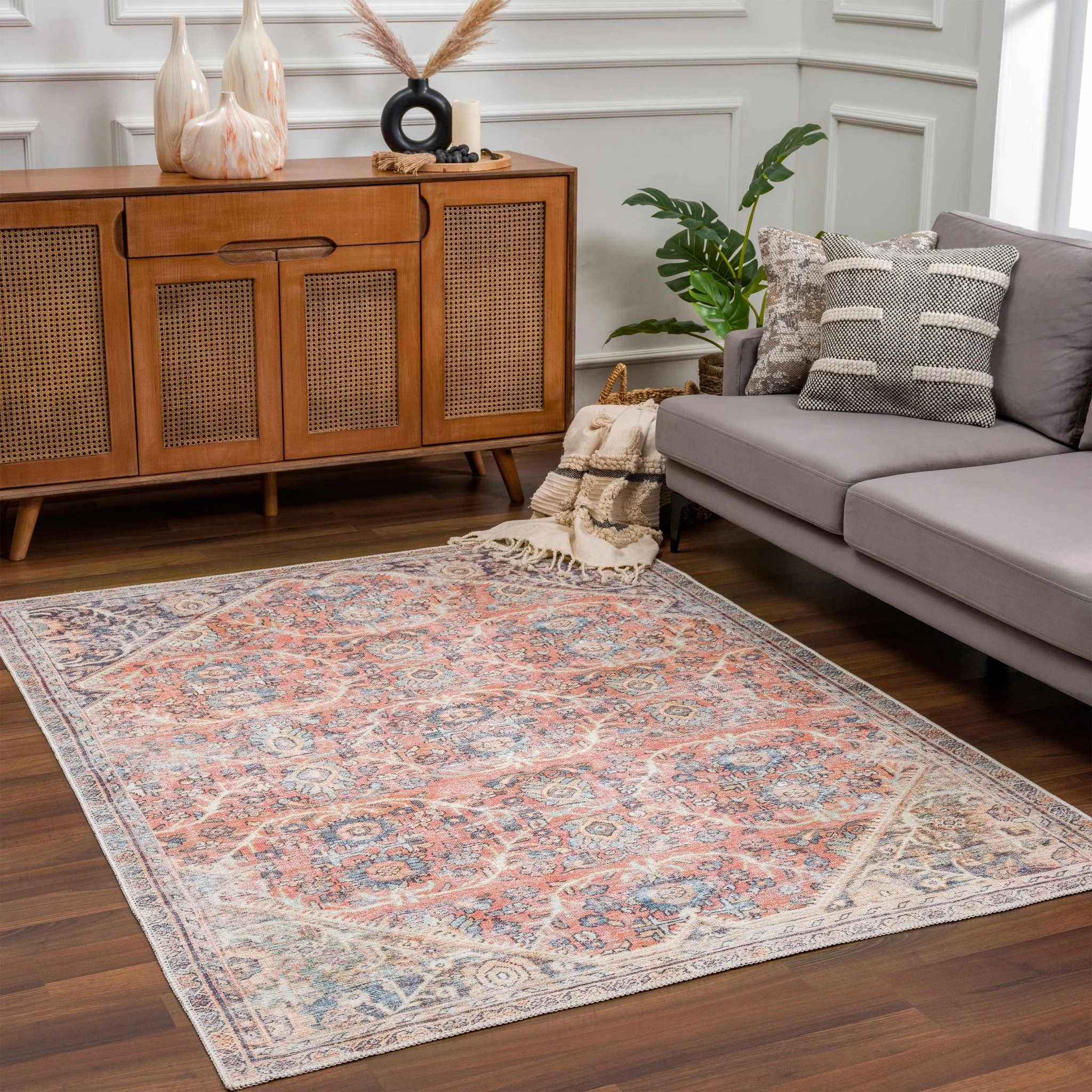 Vintage Style Dark Peach, Purple and Beige Traditional Design Washable Area Rug - Image 15