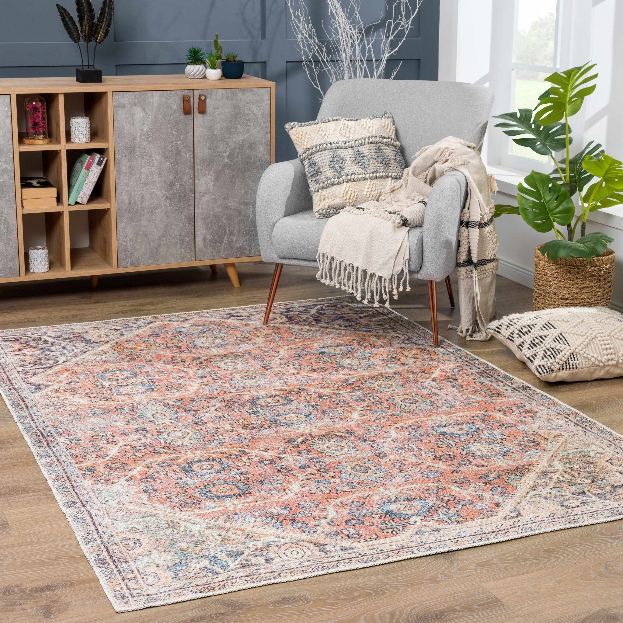 Vintage Style Dark Peach, Purple and Beige Traditional Design Washable Area Rug - Image 16