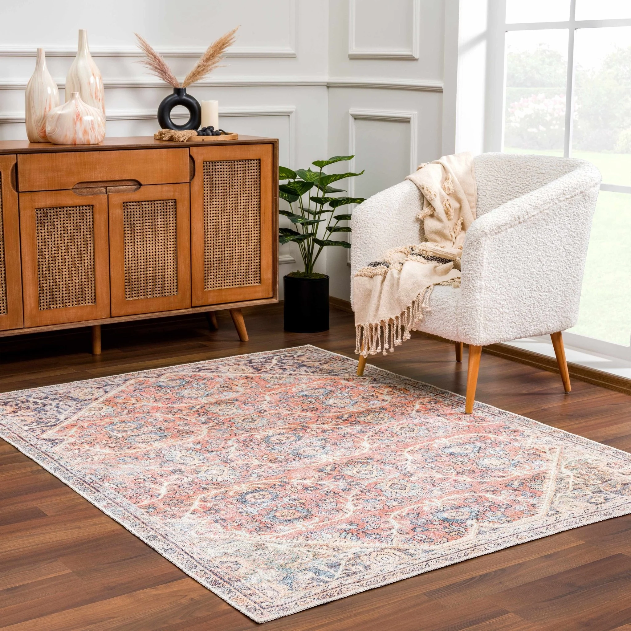 Vintage Style Dark Peach, Purple and Beige Traditional Design Washable Area Rug - Image 2