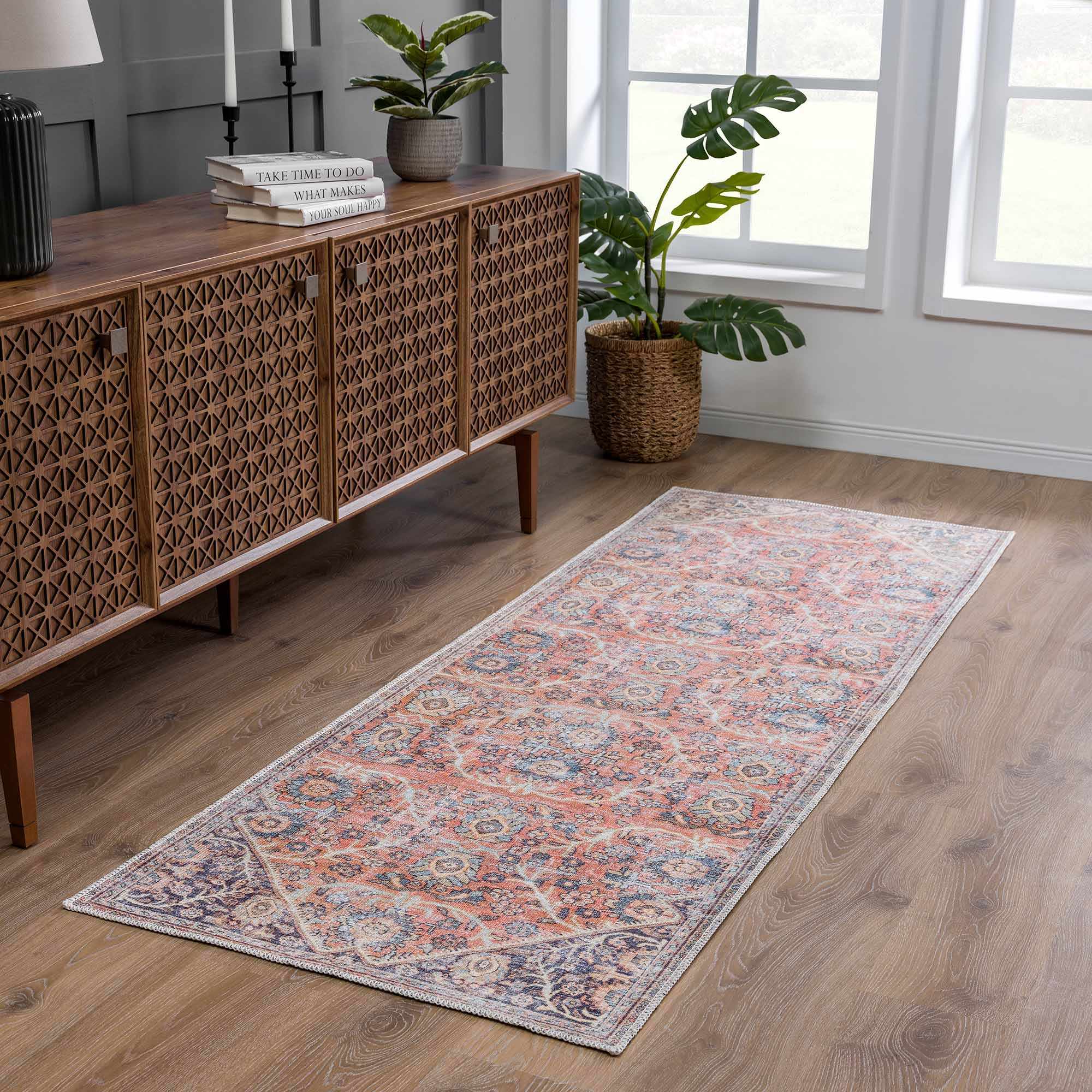 Vintage Style Dark Peach, Purple and Beige Traditional Design Washable Area Rug - Image 3