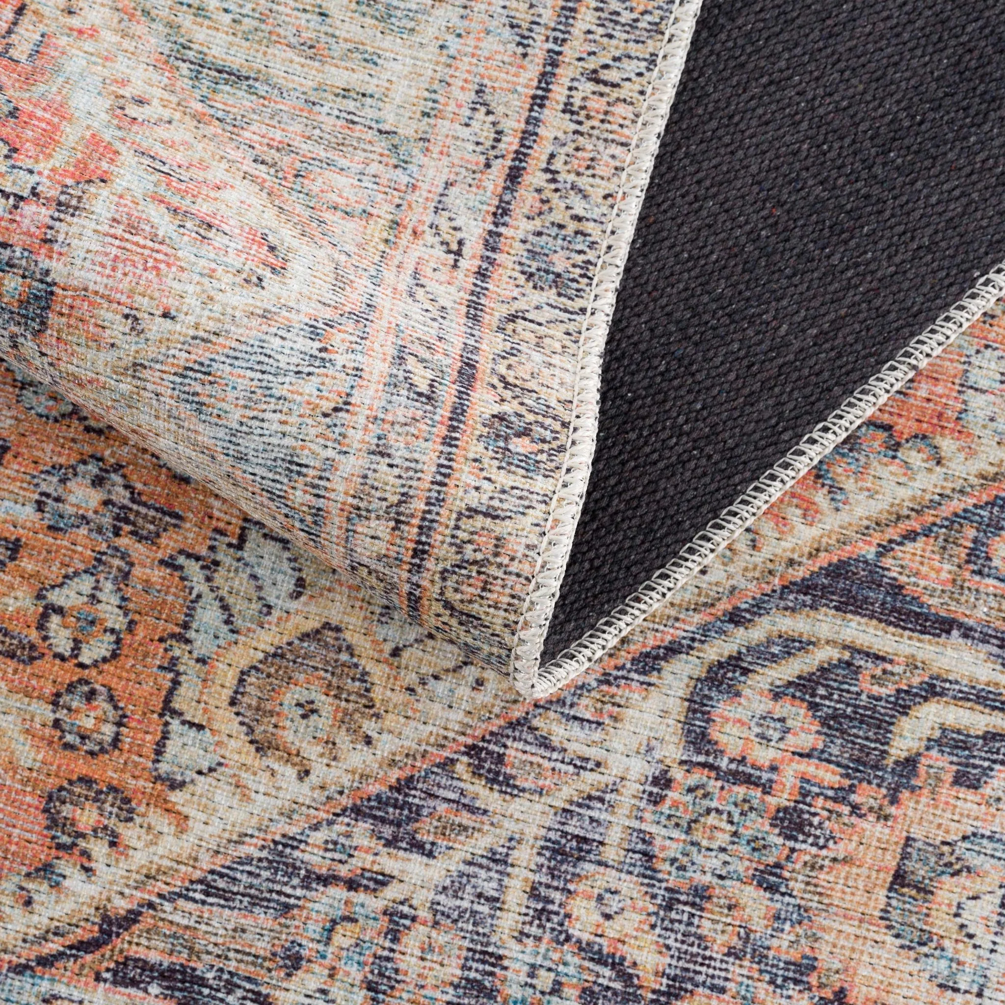 Vintage Style Dark Peach, Purple and Beige Traditional Design Washable Area Rug - Image 7