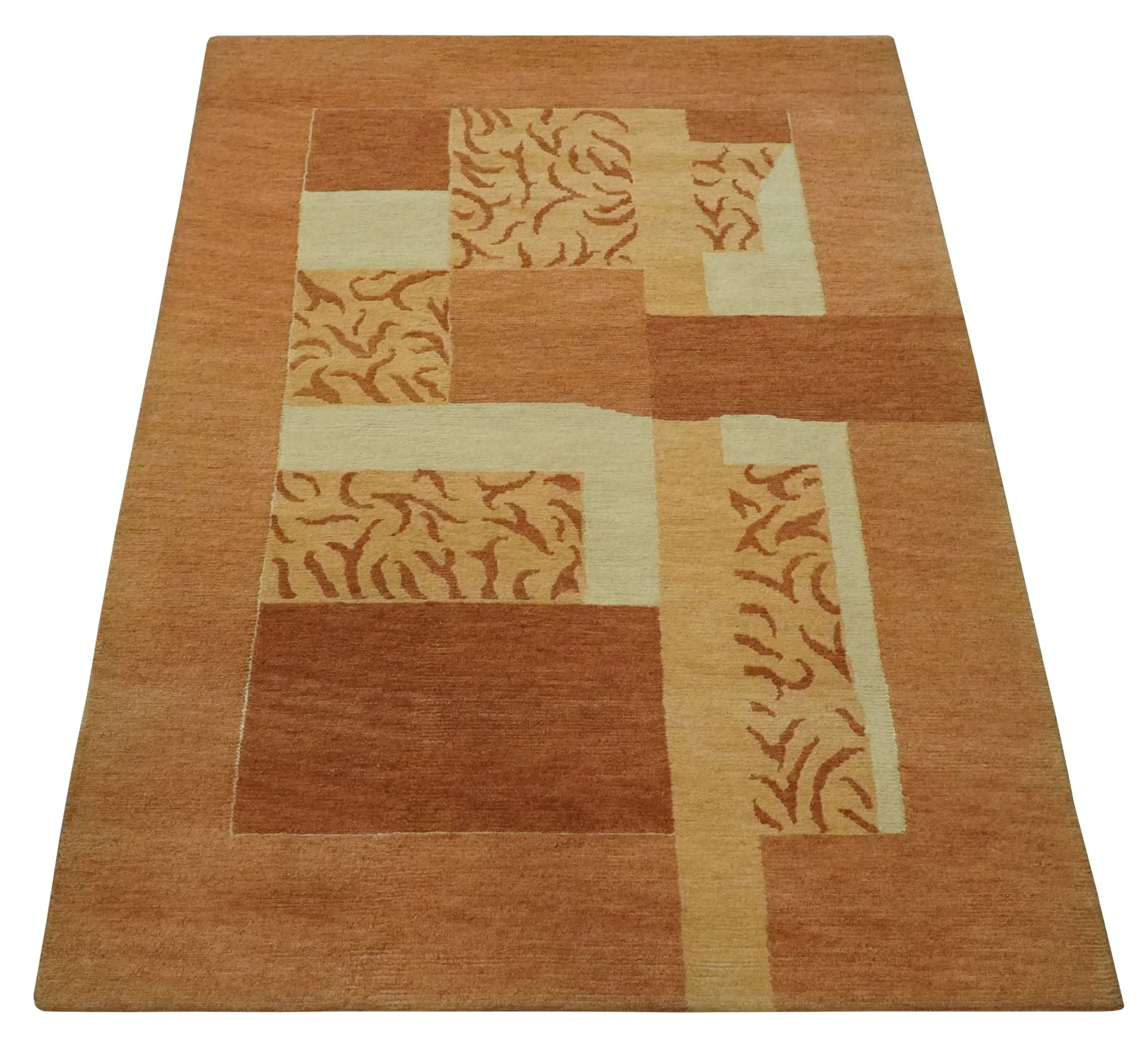 Dark Peach, Rust and Ivory Modern Geometrical Blocks Hand knotted 4x6 wool Area Rug - Image 10