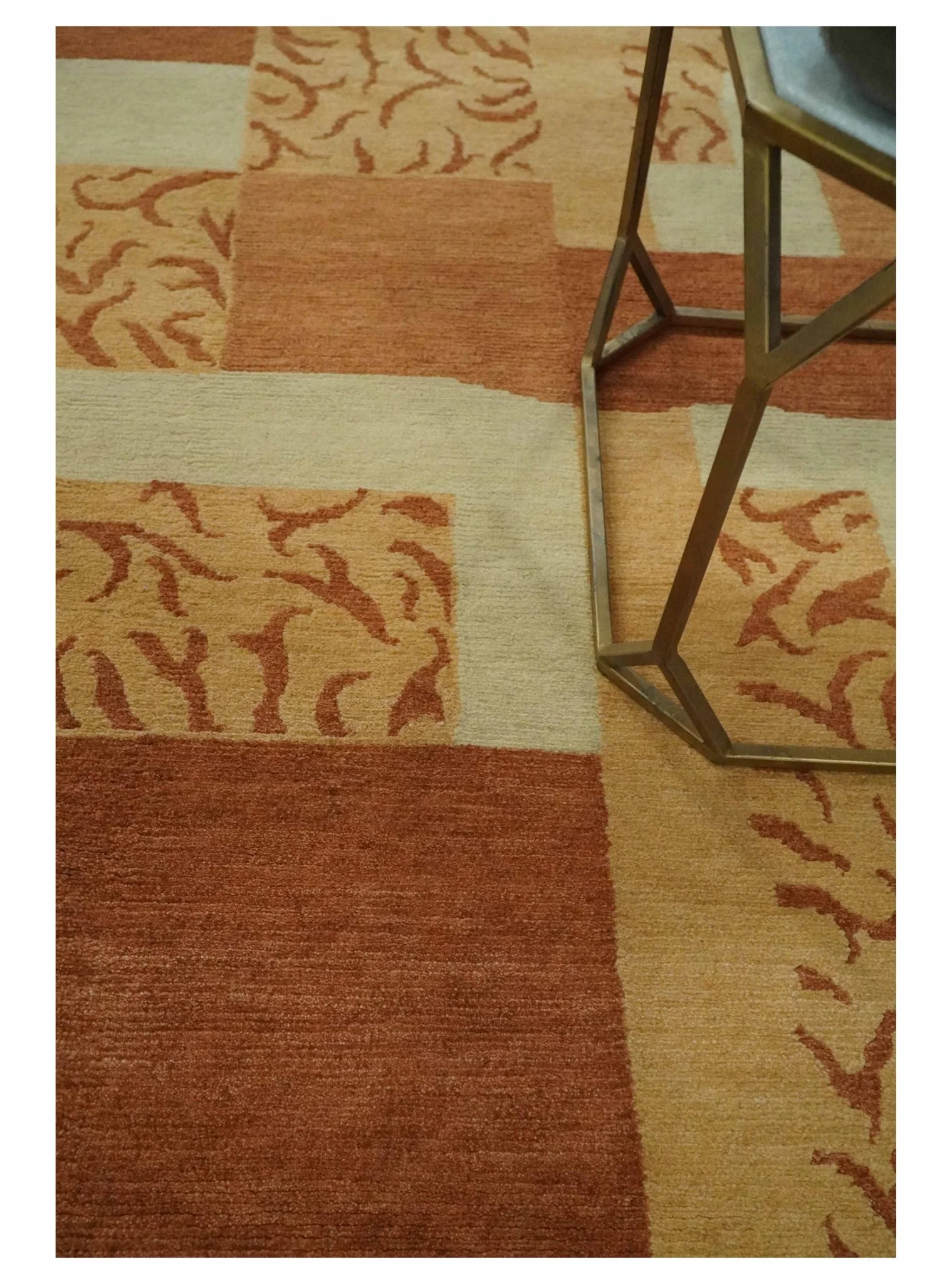 Dark Peach, Rust and Ivory Modern Geometrical Blocks Hand knotted 4x6 wool Area Rug - Image 2