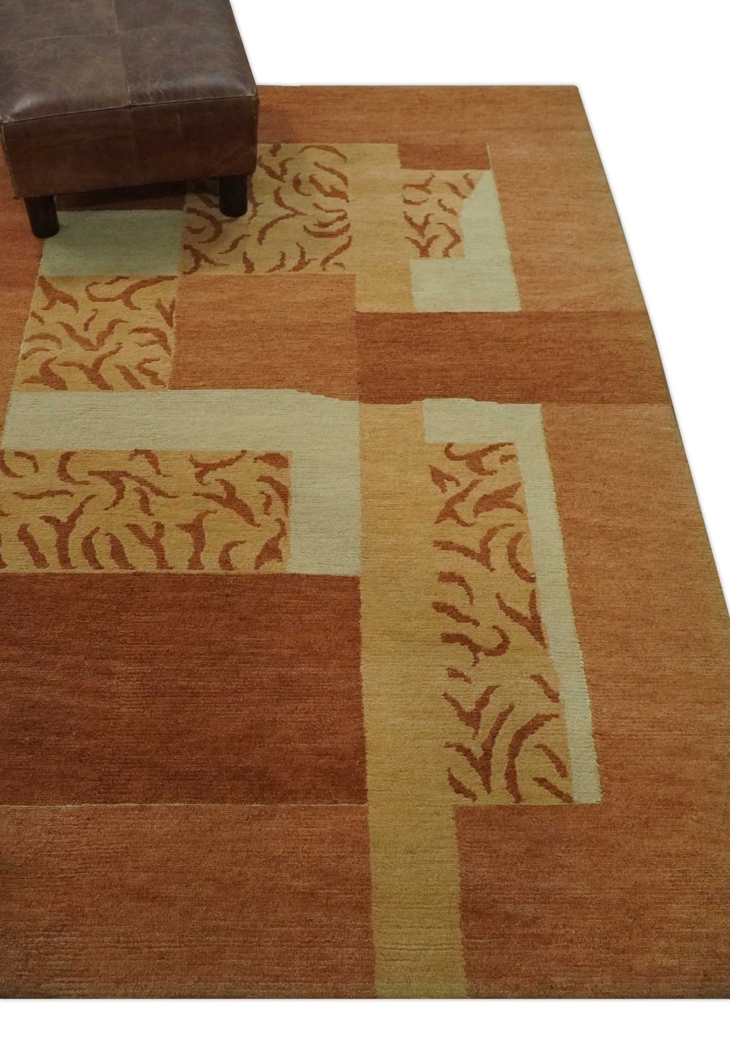 Dark Peach, Rust and Ivory Modern Geometrical Blocks Hand knotted 4x6 wool Area Rug - Image 3