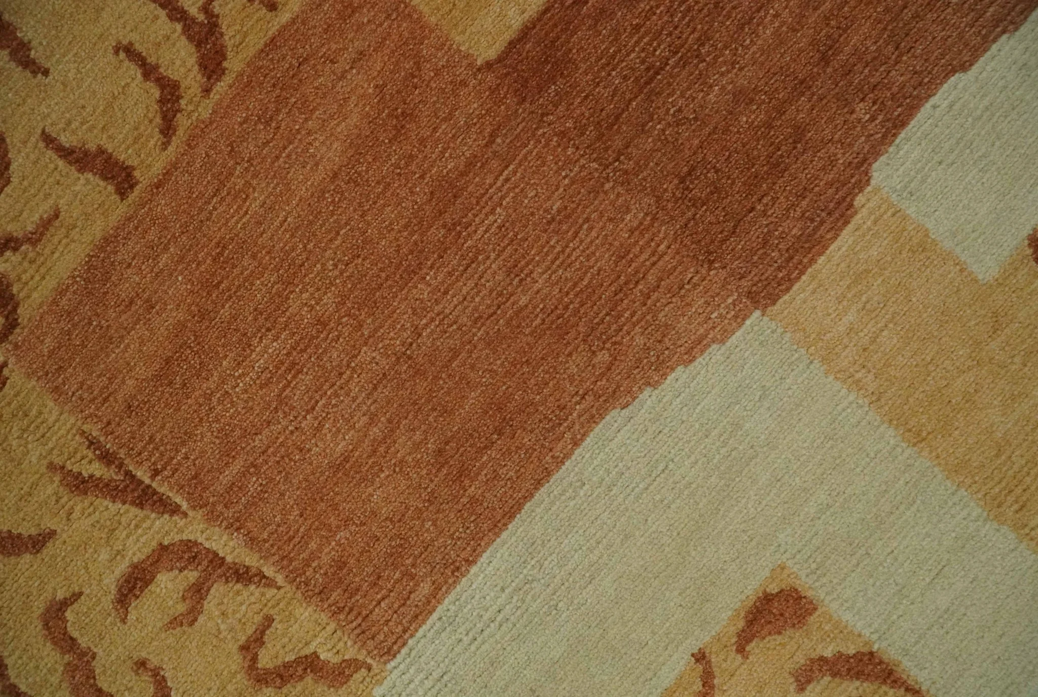 Dark Peach, Rust and Ivory Modern Geometrical Blocks Hand knotted 4x6 wool Area Rug - Image 4