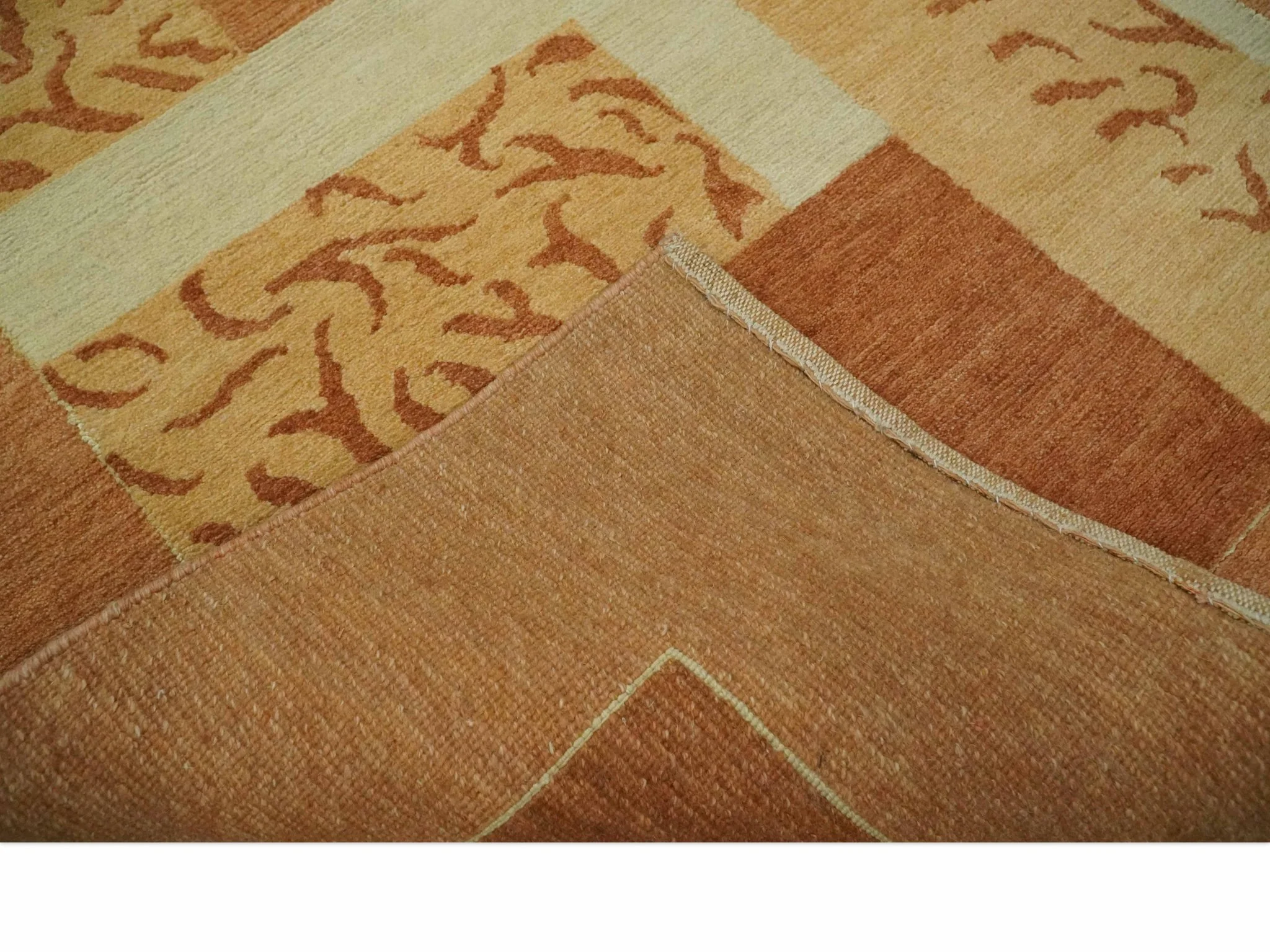 Dark Peach, Rust and Ivory Modern Geometrical Blocks Hand knotted 4x6 wool Area Rug - Image 6