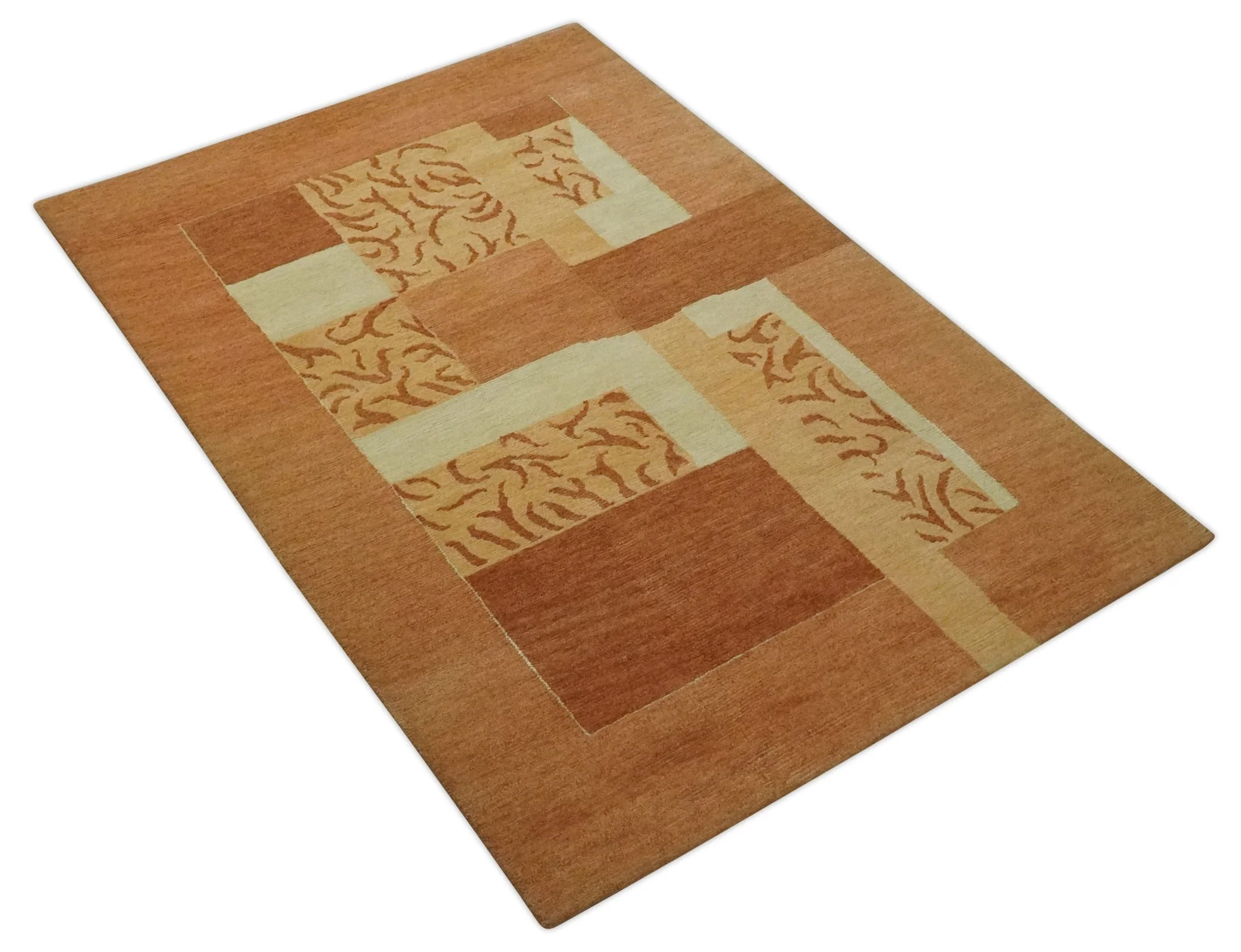 Dark Peach, Rust and Ivory Modern Geometrical Blocks Hand knotted 4x6 wool Area Rug - Image 9