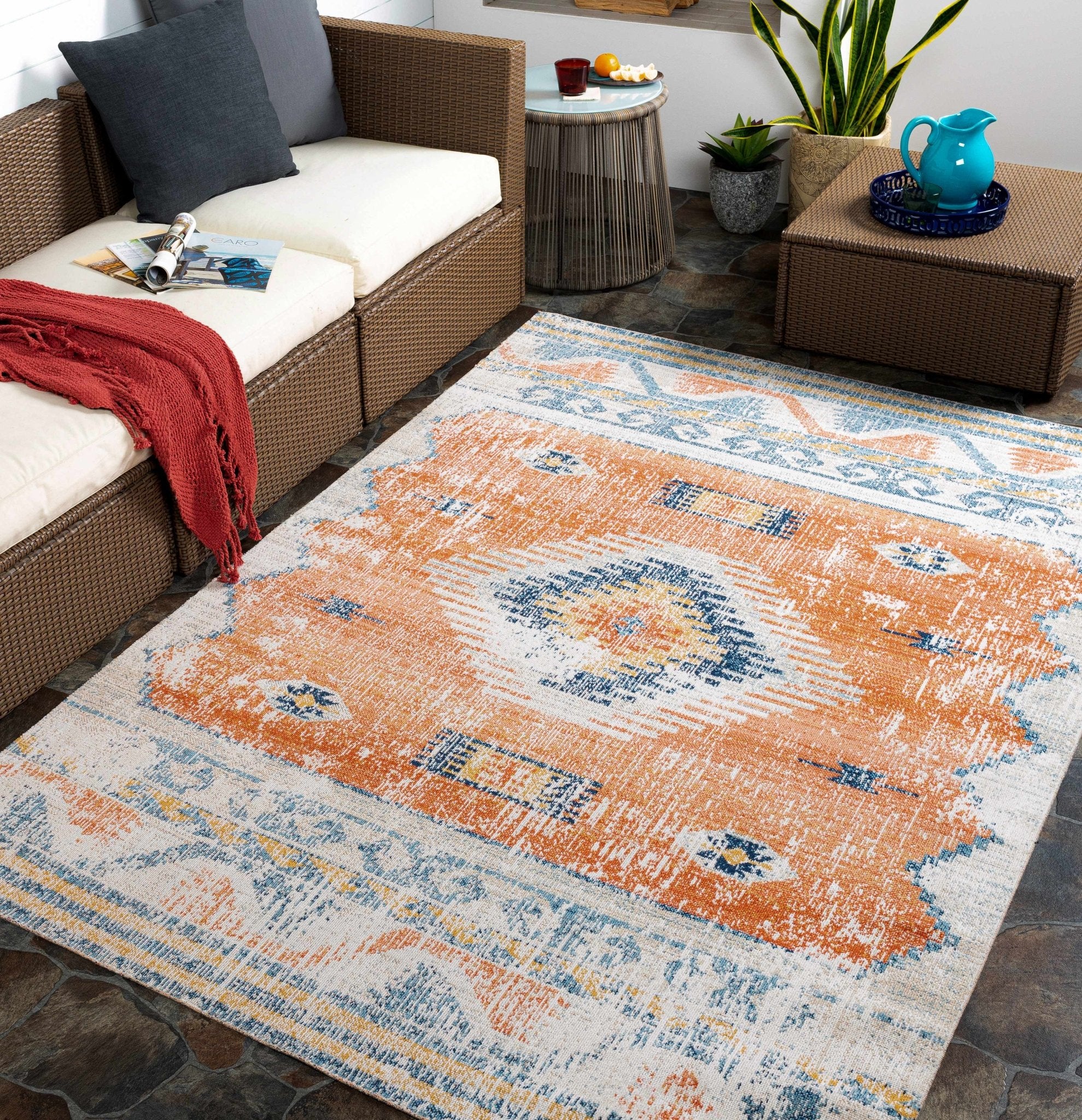 Dark Peach, Silver and Blue Traditional Mamluk Design Outdoor Safe Area Rug - Image 2