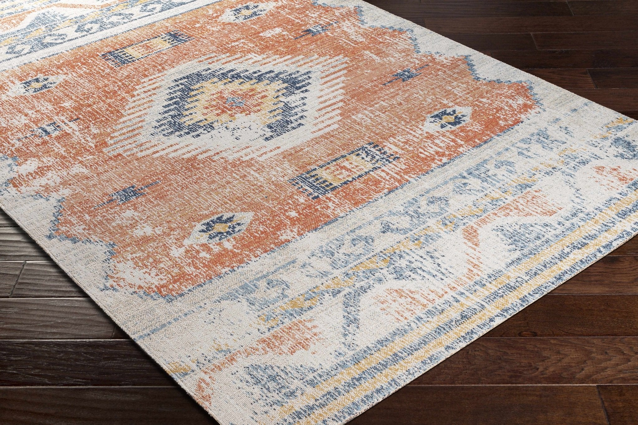 Dark Peach, Silver and Blue Traditional Mamluk Design Outdoor Safe Area Rug - Image 3