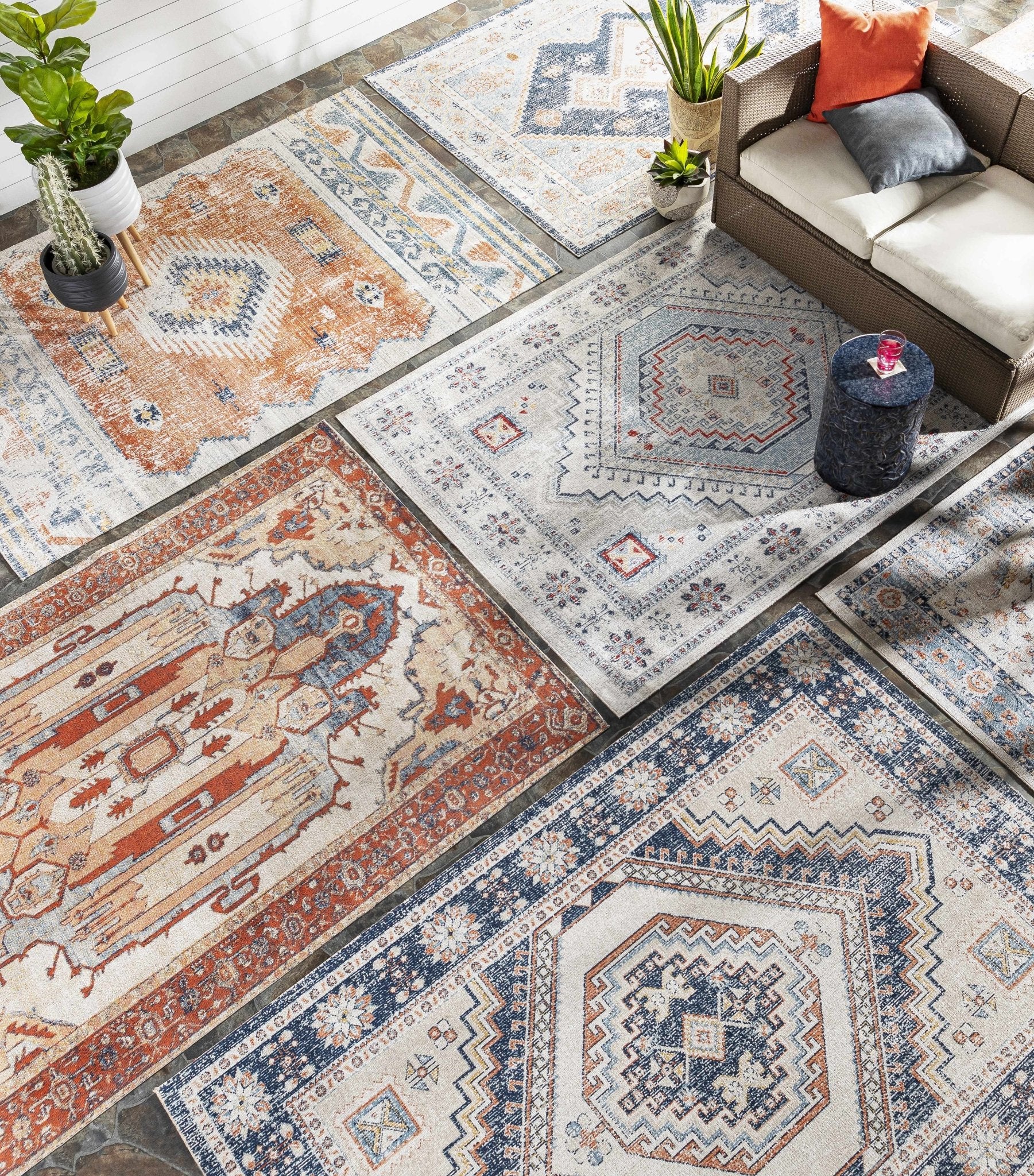 Dark Peach, Silver and Blue Traditional Mamluk Design Outdoor Safe Area Rug - Image 4