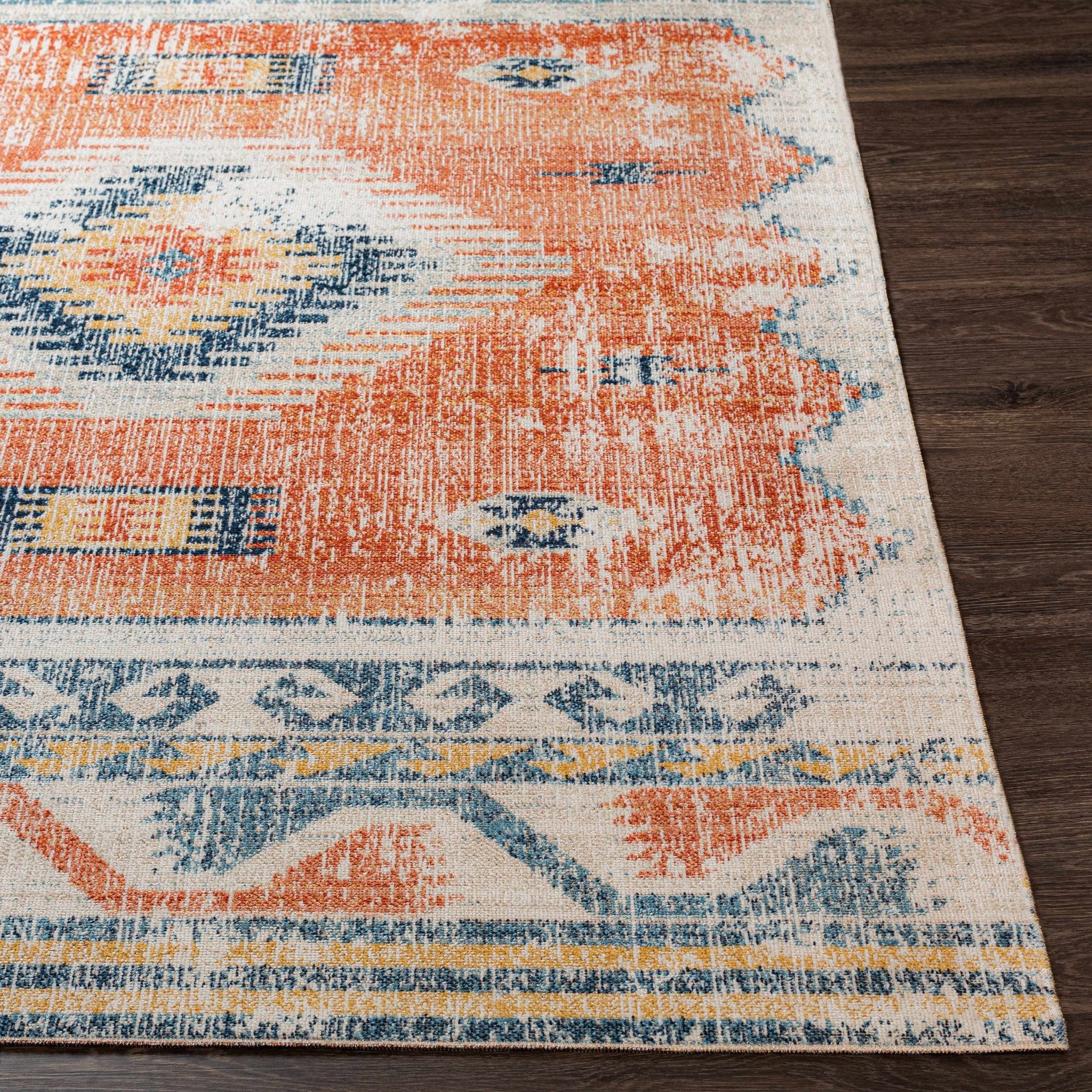 Dark Peach, Silver and Blue Traditional Mamluk Design Outdoor Safe Area Rug - Image 6