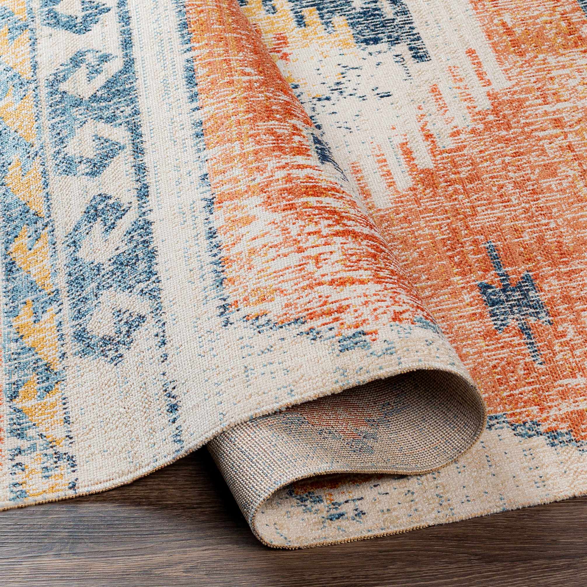 Dark Peach, Silver and Blue Traditional Mamluk Design Outdoor Safe Area Rug - Image 7