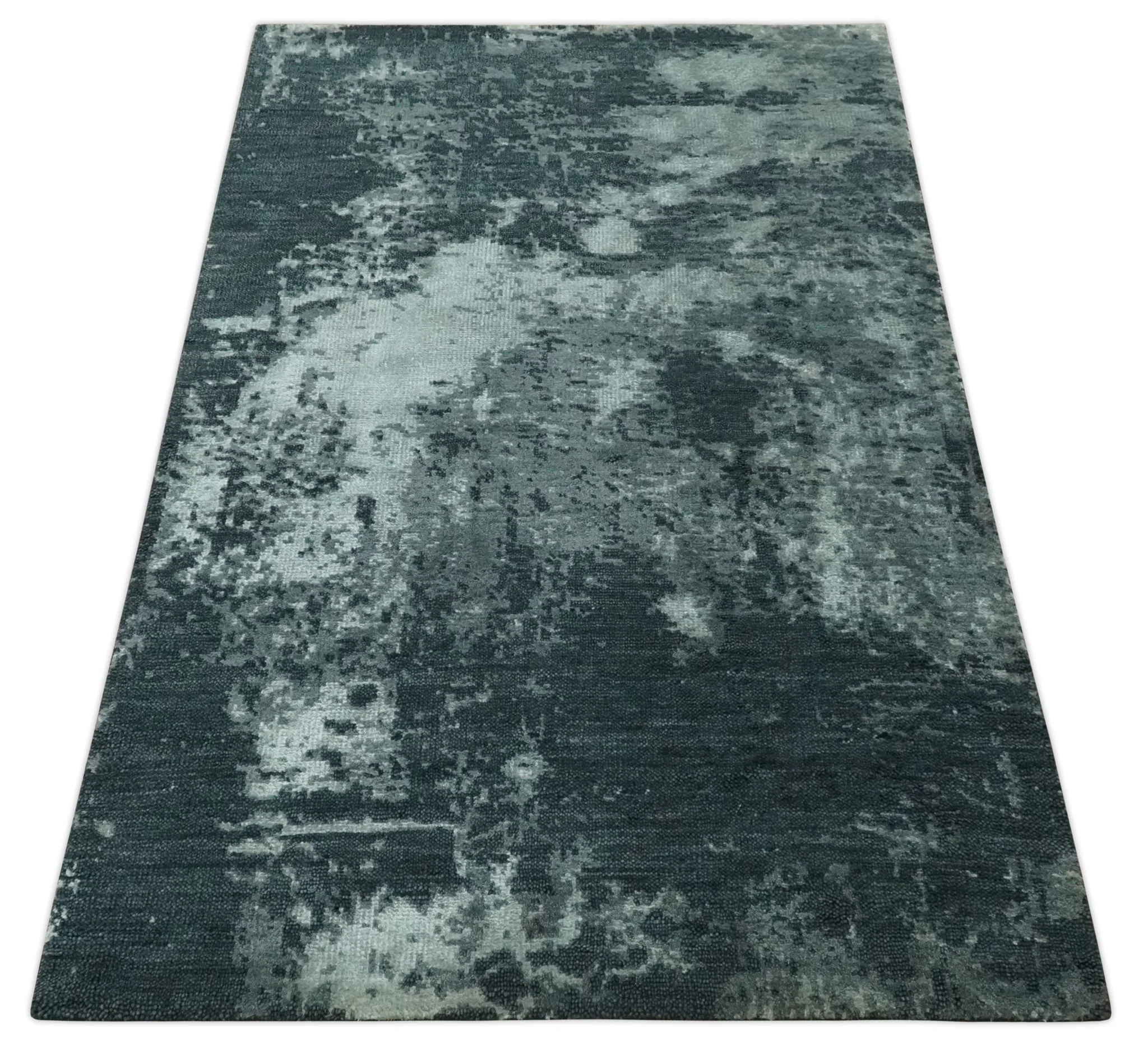 Dark Teal, Gray and Silver Modern Abstract Hand Knotted 5x8 wool Area Rug - Image 10