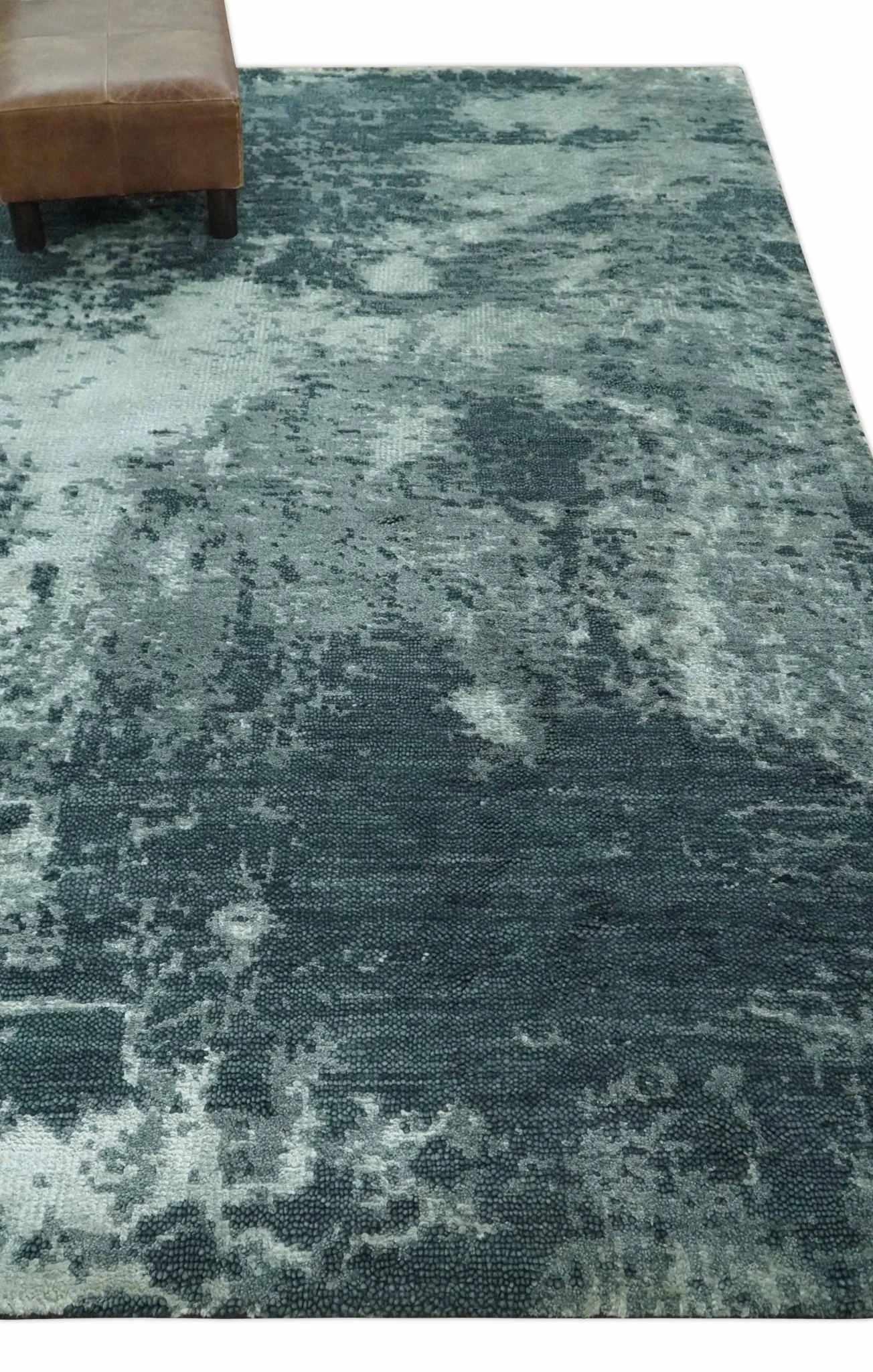 Dark Teal, Gray and Silver Modern Abstract Hand Knotted 5x8 wool Area Rug - Image 3