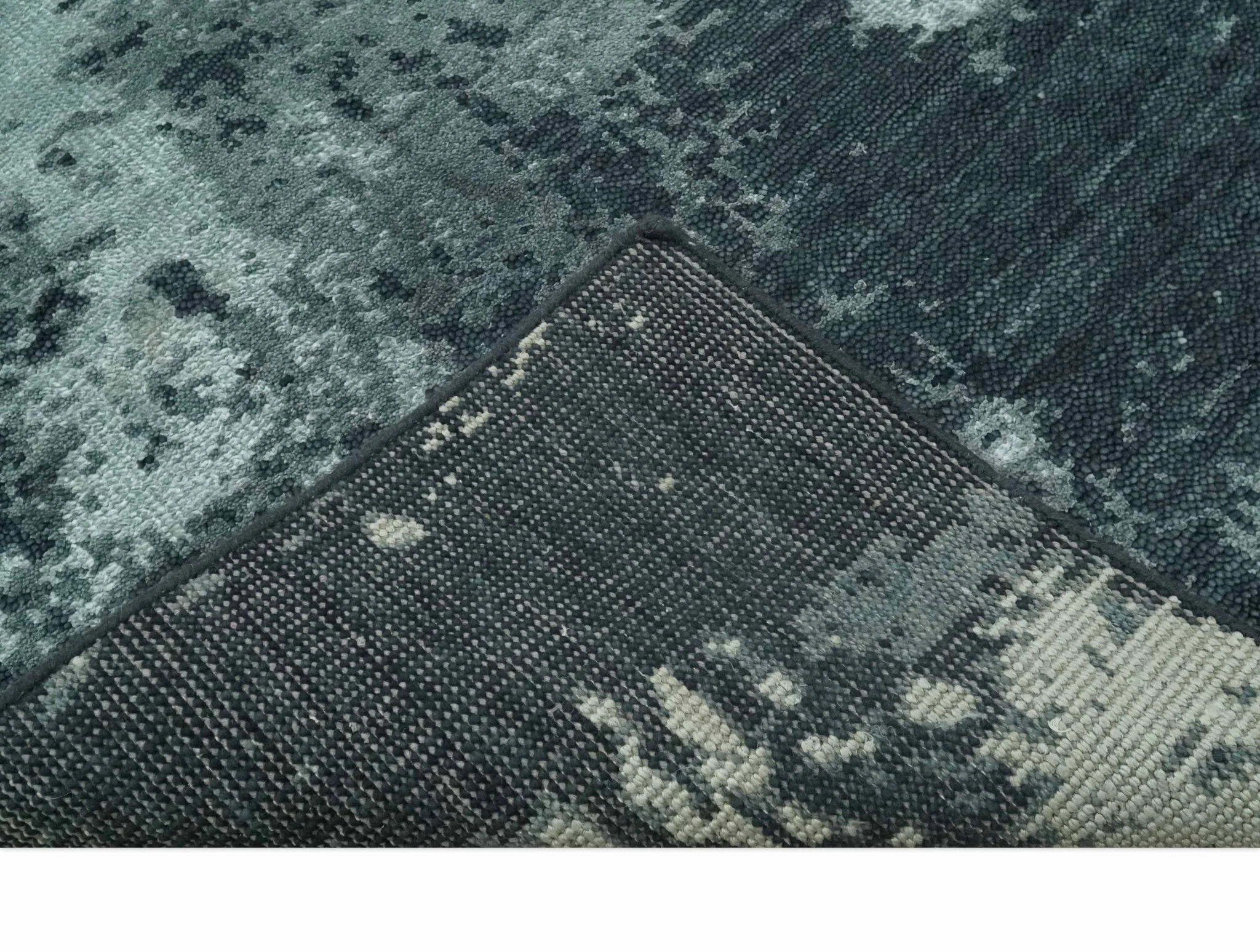 Dark Teal, Gray and Silver Modern Abstract Hand Knotted 5x8 wool Area Rug - Image 7