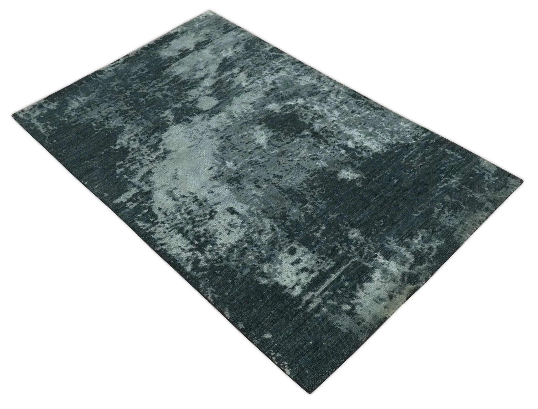 Dark Teal, Gray and Silver Modern Abstract Hand Knotted 5x8 wool Area Rug - Image 9