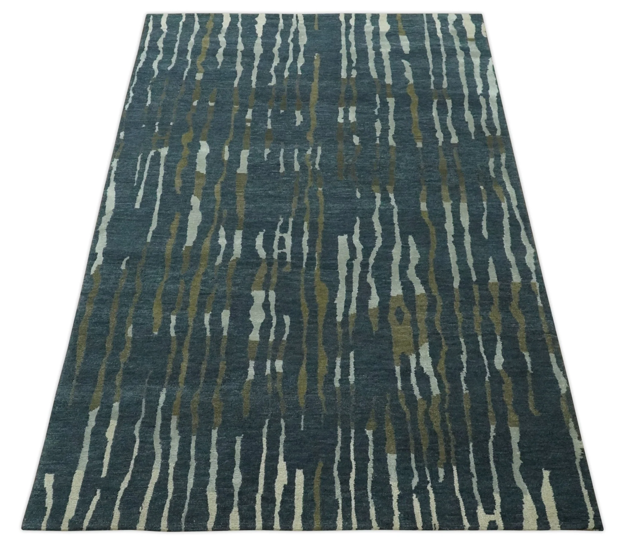 Dark Teal, Olive and Silver Modern Stripes Design Hand loom 5x8 wool and Art Silk Area rug - Image 10