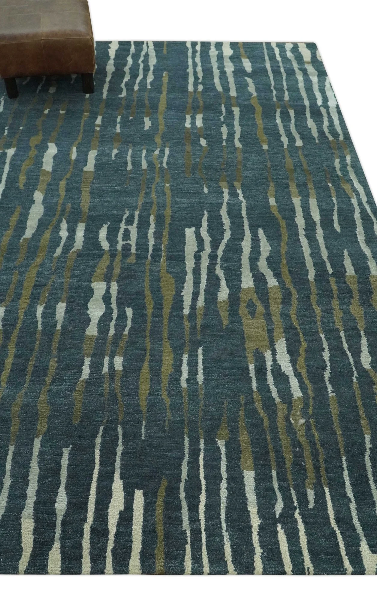 Dark Teal, Olive and Silver Modern Stripes Design Hand loom 5x8 wool and Art Silk Area rug - Image 3