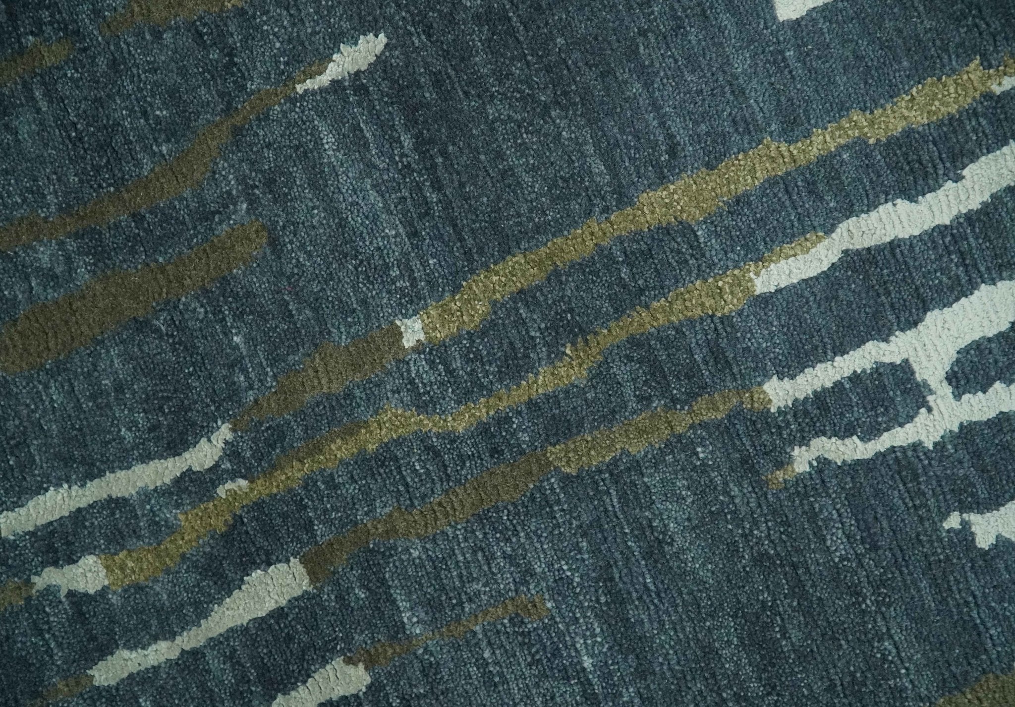 Dark Teal, Olive and Silver Modern Stripes Design Hand loom 5x8 wool and Art Silk Area rug - Image 4