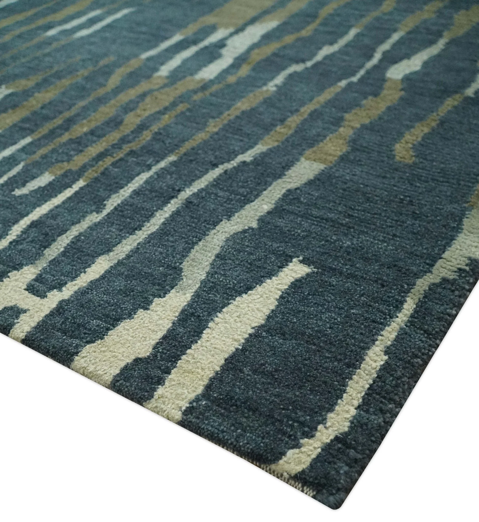 Dark Teal, Olive and Silver Modern Stripes Design Hand loom 5x8 wool and Art Silk Area rug - Image 5