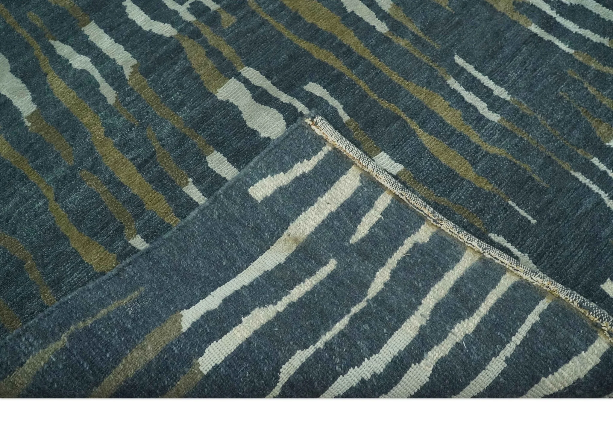 Dark Teal, Olive and Silver Modern Stripes Design Hand loom 5x8 wool and Art Silk Area rug - Image 7