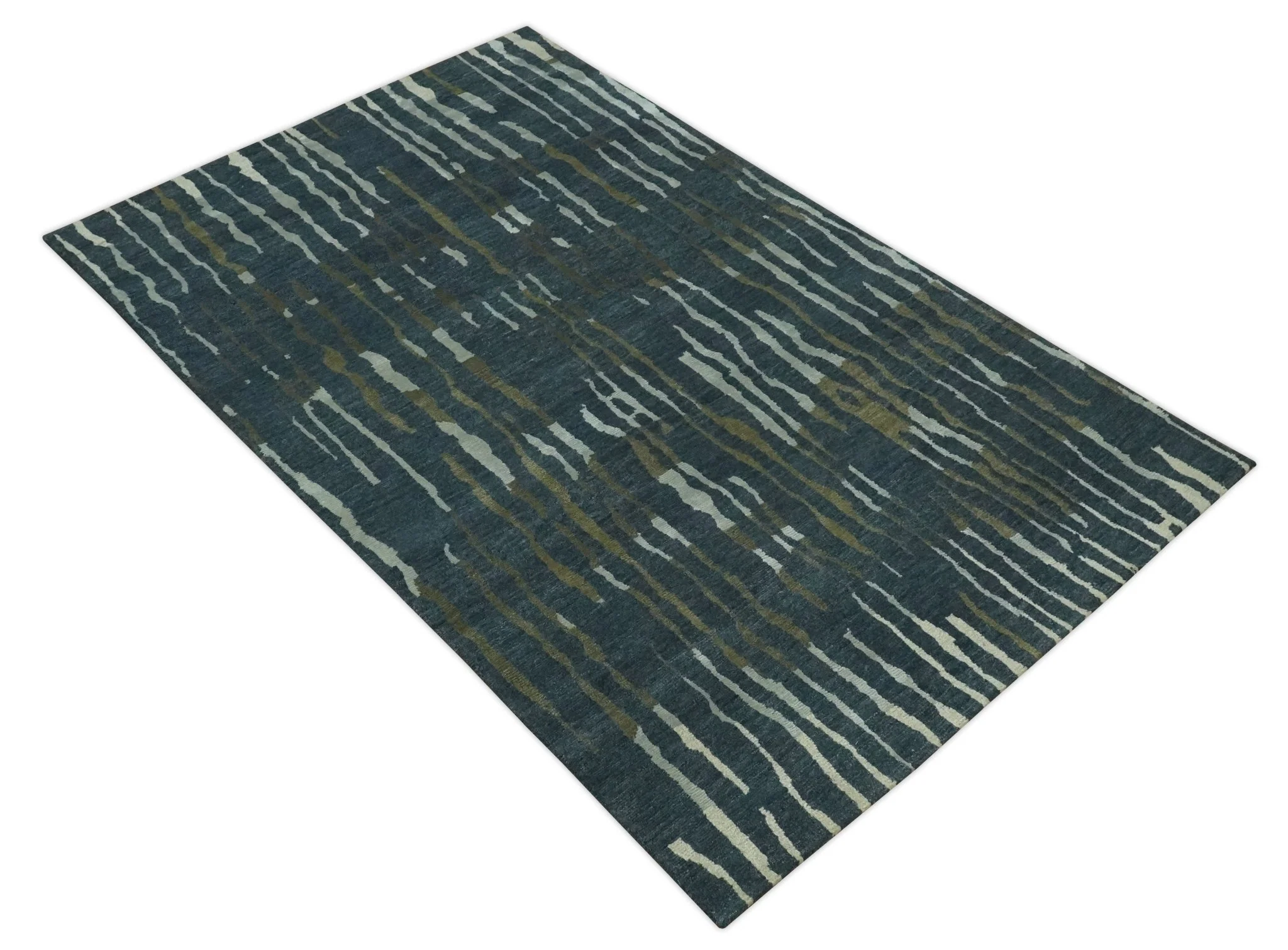 Dark Teal, Olive and Silver Modern Stripes Design Hand loom 5x8 wool and Art Silk Area rug - Image 9