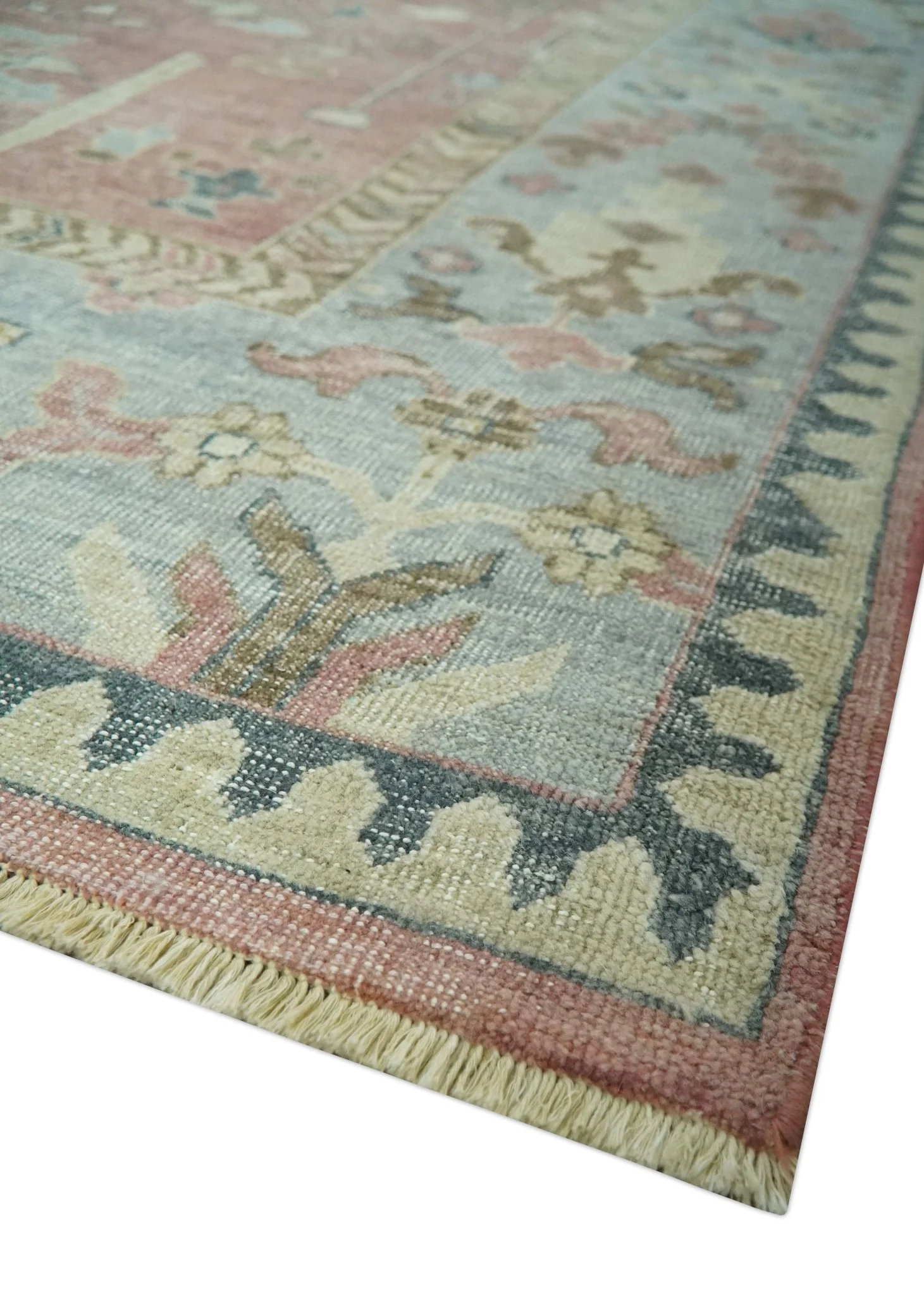 Distress Finished Tree of Life Hand Knotted Rust and Blue Custom Made Wool Rug - Image 5