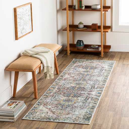 Distressed Finished Beige, Brown and Blue Traditional Washable Area Rug - Image 3