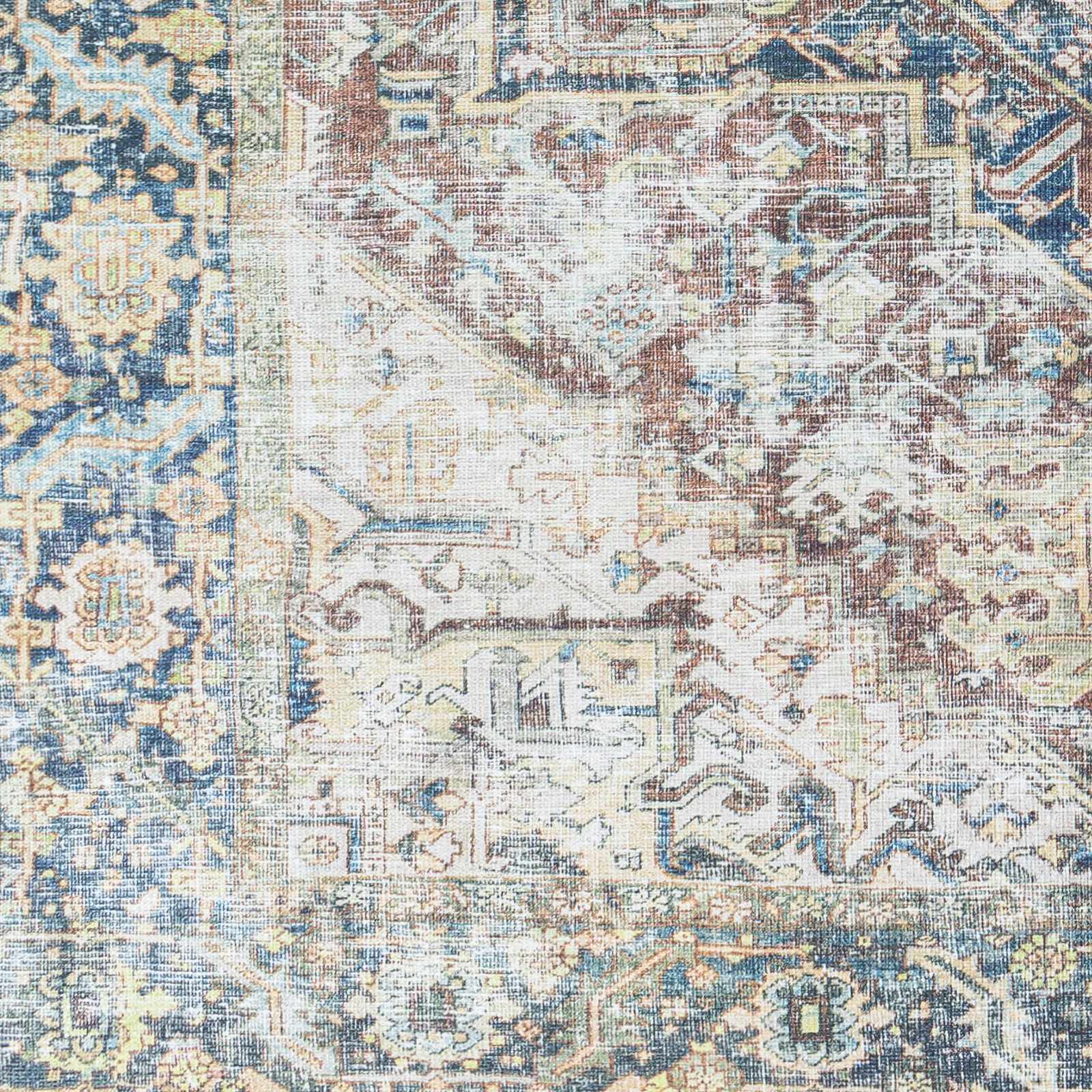 Distressed Finished Beige, Brown and Blue Traditional Washable Area Rug - Image 4