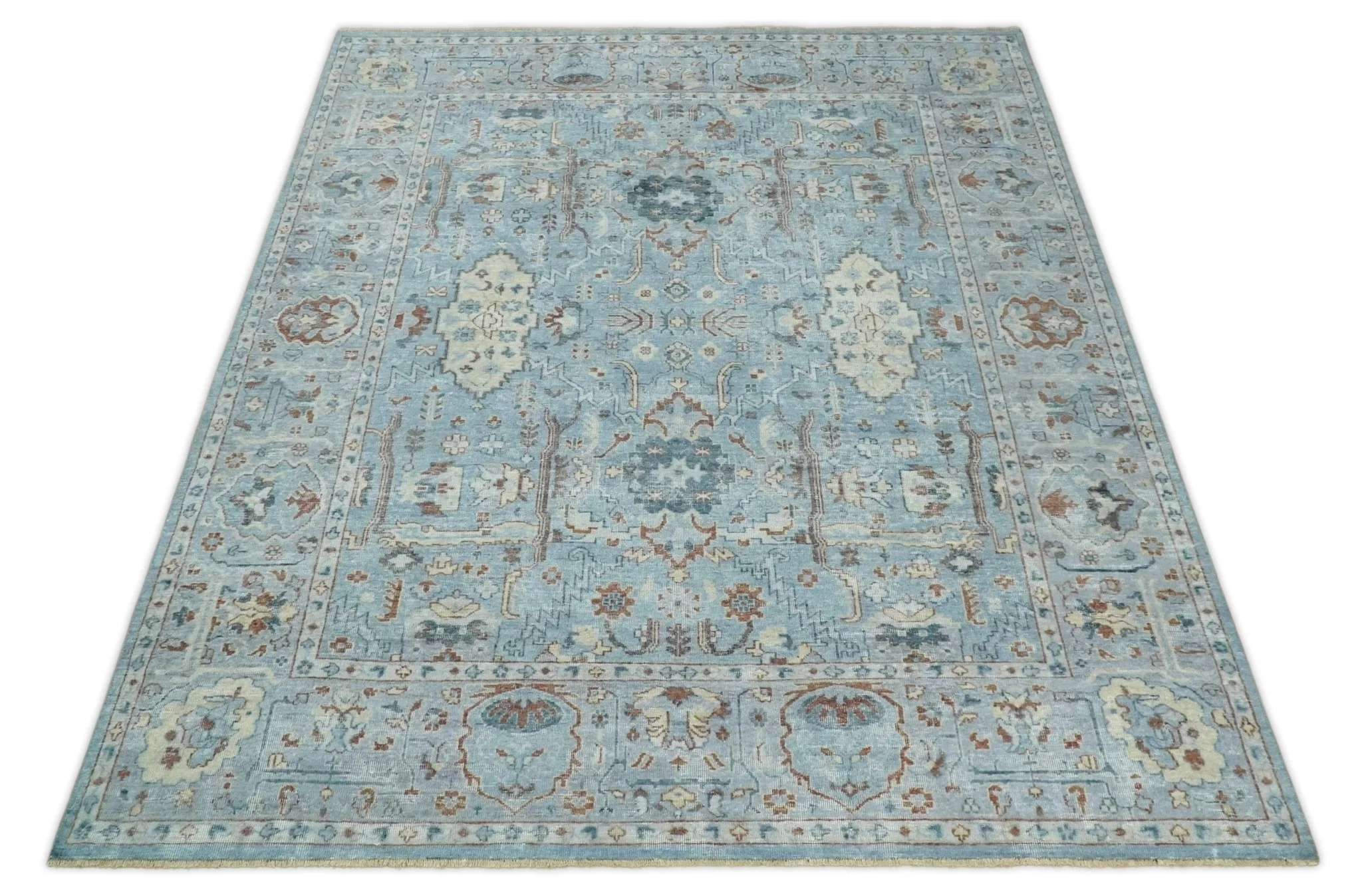 Antique Distressed finished Aqua, Beige and Brown Hand Knotted Low Pile Wool Area Rug - Image 10