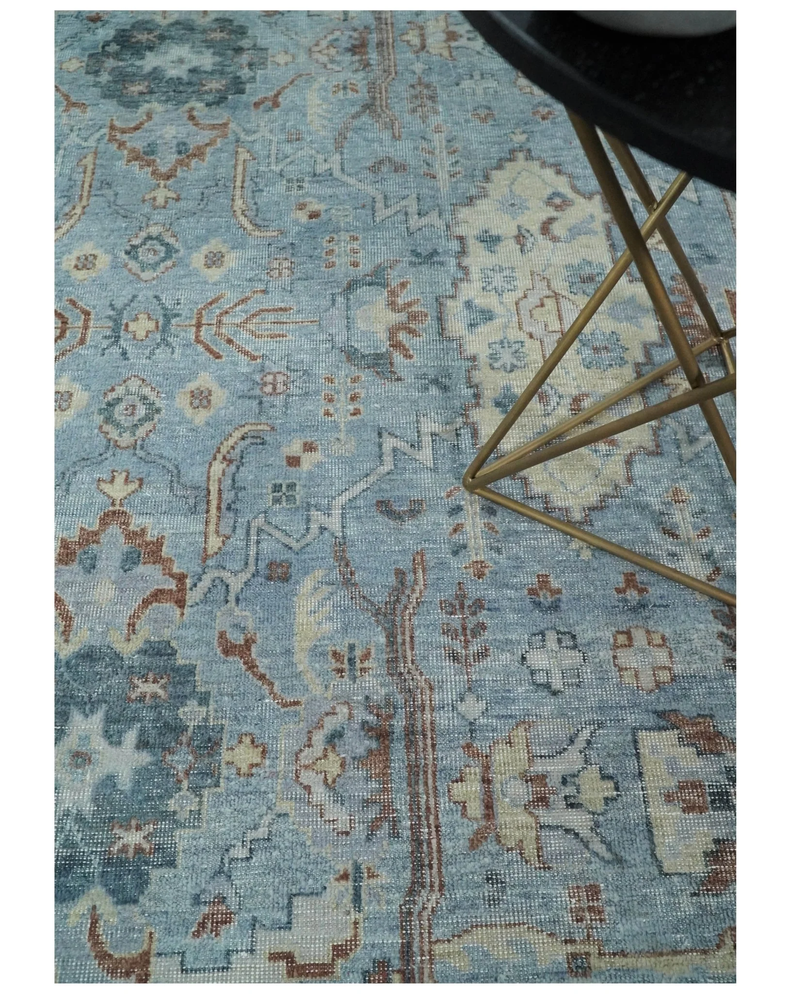 Antique Distressed finished Aqua, Beige and Brown Hand Knotted Low Pile Wool Area Rug - Image 2