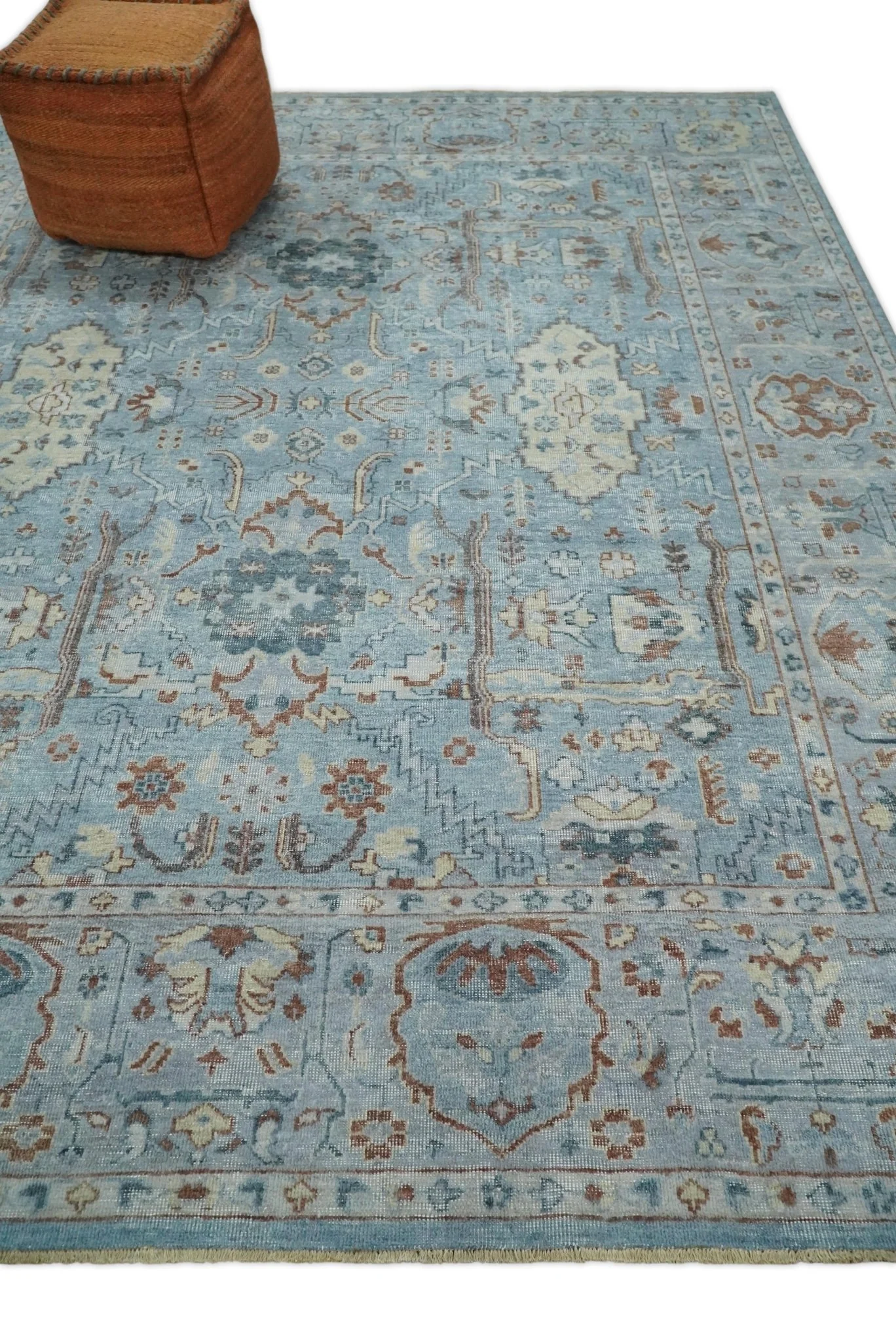 Antique Distressed finished Aqua, Beige and Brown Hand Knotted Low Pile Wool Area Rug - Image 3