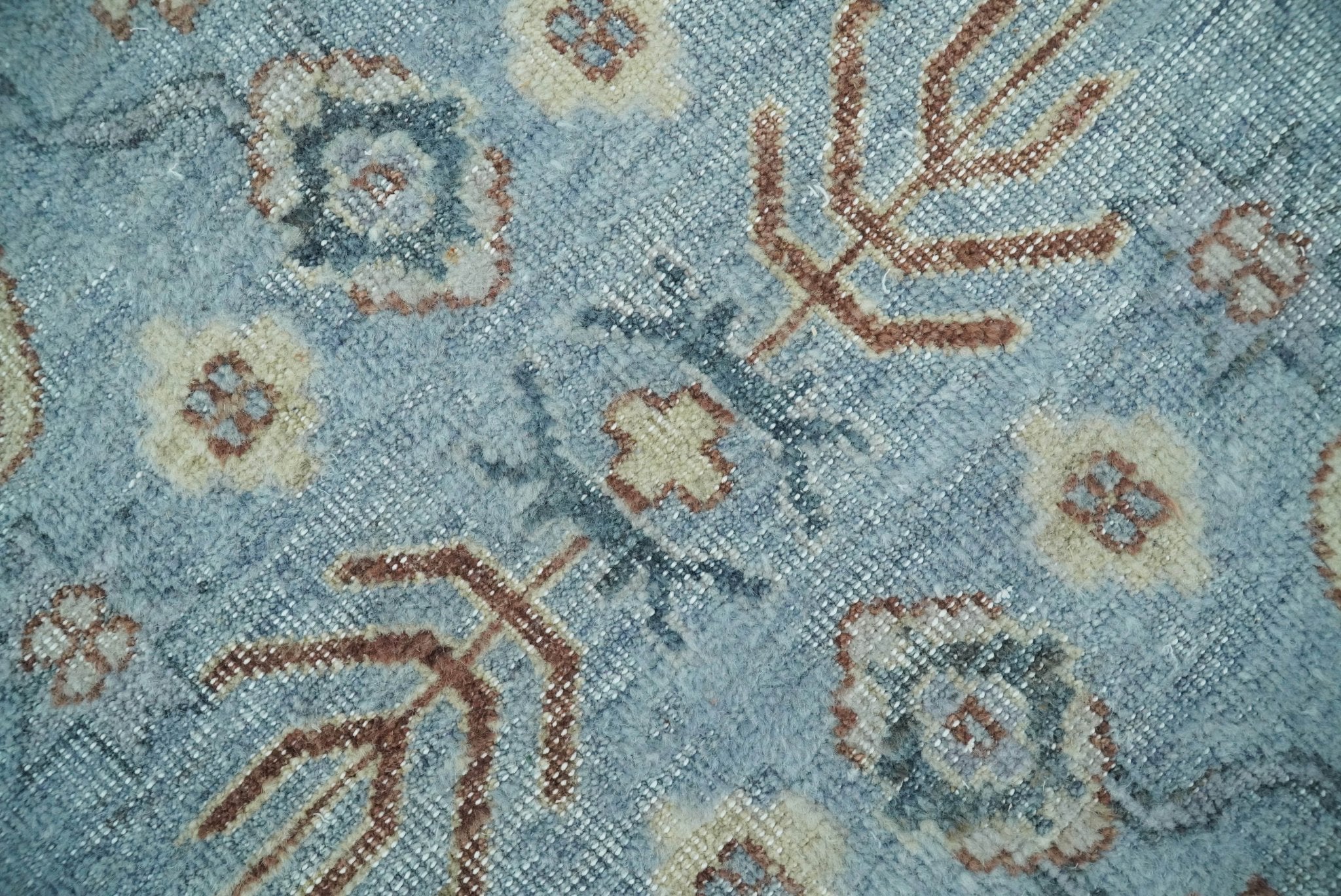 Antique Distressed finished Aqua, Beige and Brown Hand Knotted Low Pile Wool Area Rug - Image 4