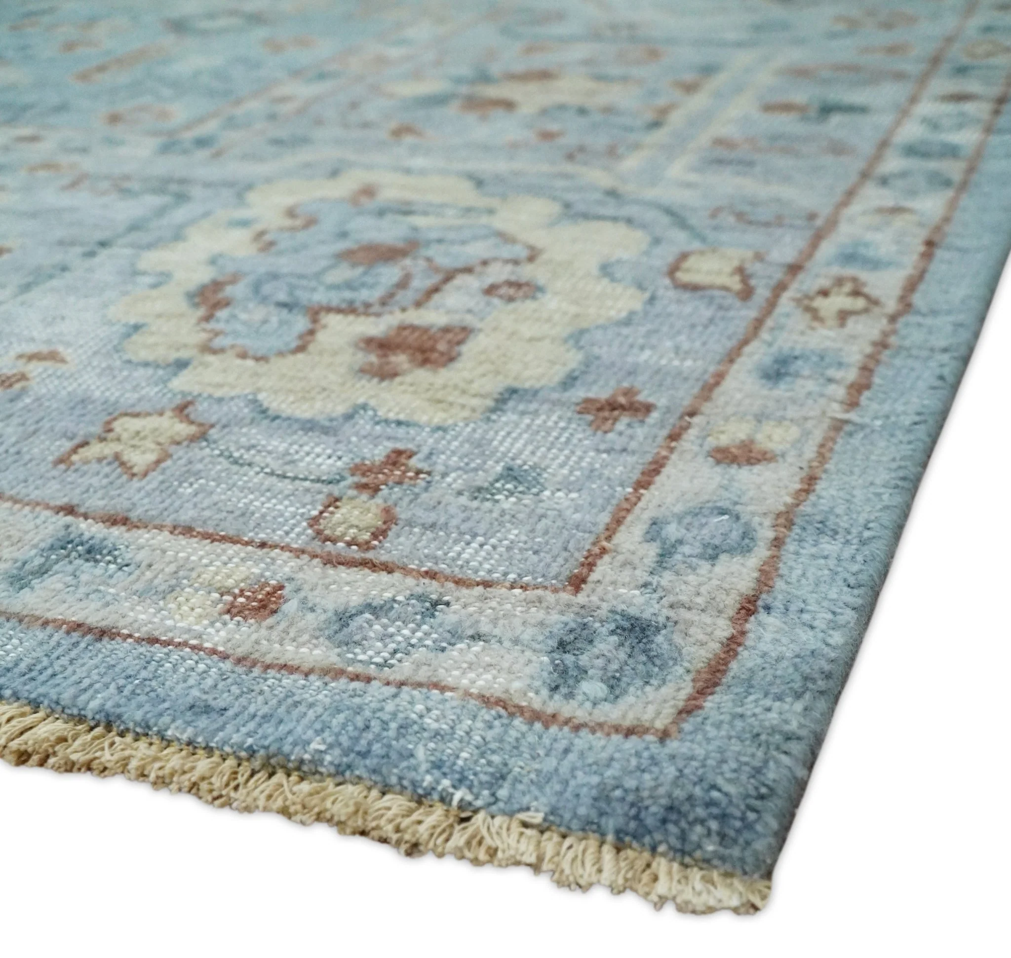 Antique Distressed finished Aqua, Beige and Brown Hand Knotted Low Pile Wool Area Rug - Image 5