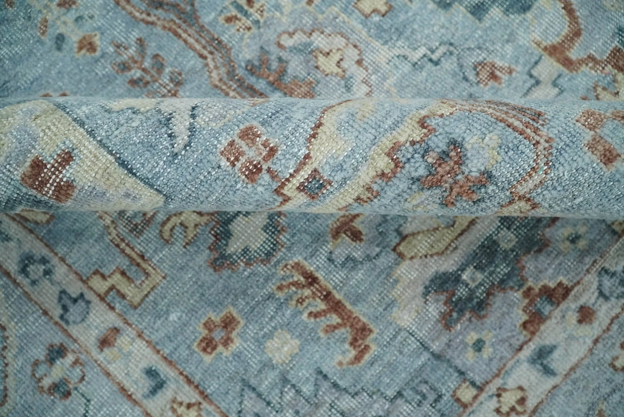 Antique Distressed finished Aqua, Beige and Brown Hand Knotted Low Pile Wool Area Rug - Image 6