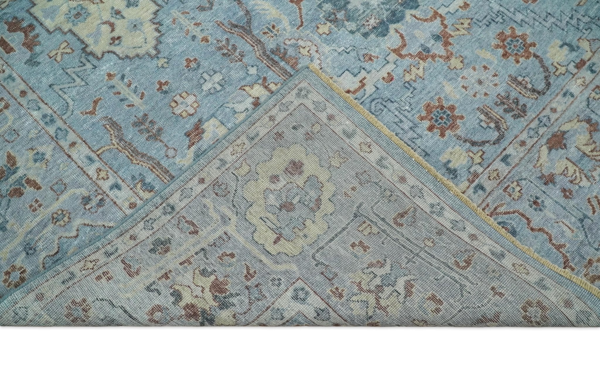 Antique Distressed finished Aqua, Beige and Brown Hand Knotted Low Pile Wool Area Rug - Image 7