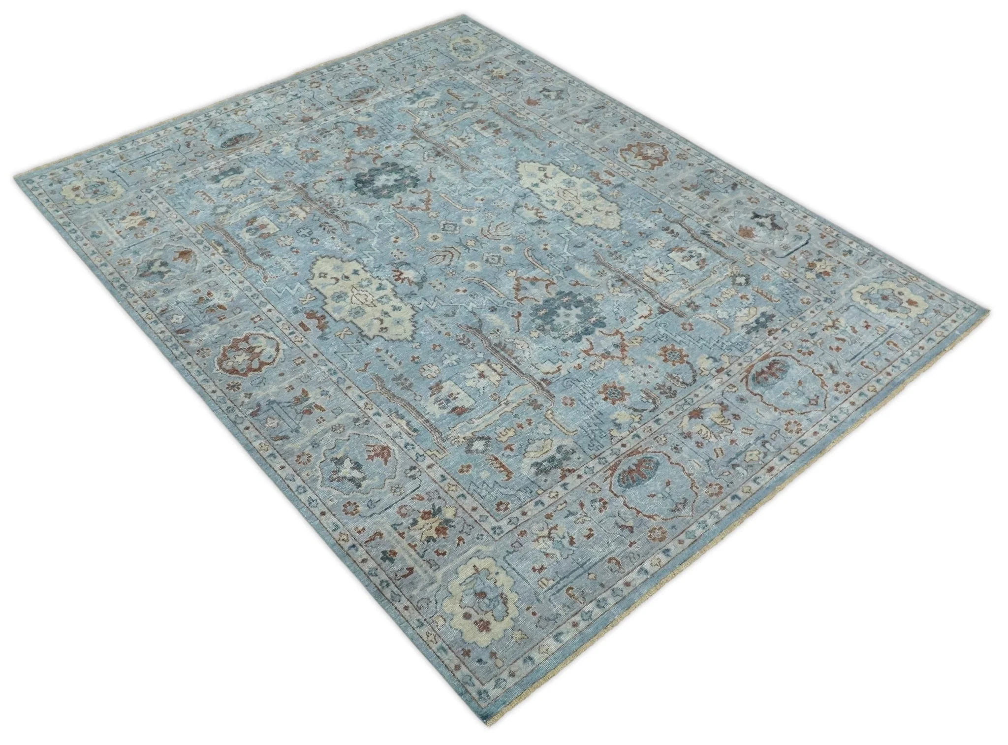 Antique Distressed finished Aqua, Beige and Brown Hand Knotted Low Pile Wool Area Rug - Image 9