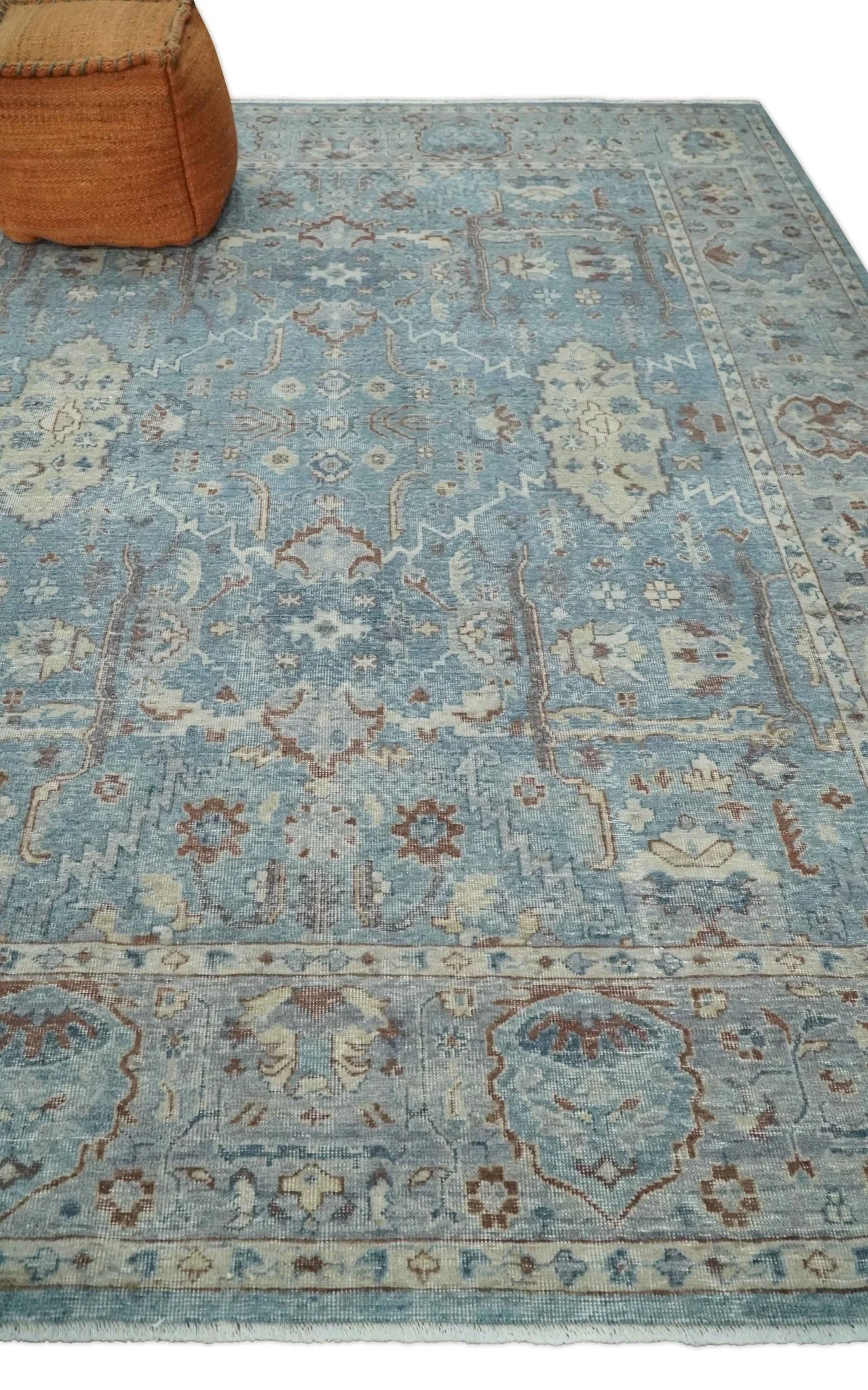Antique Distressed finished Aqua, Beige and Brown Hand Knotted Oxidized Low Pile 8x10 Oriental Oushak wool Area Rug - Image 3