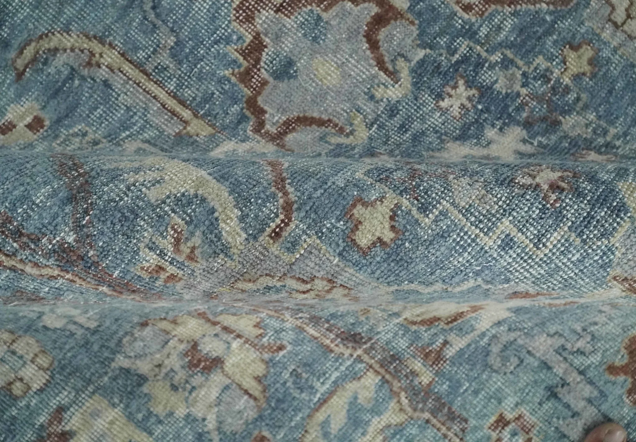 Antique Distressed finished Aqua, Beige and Brown Hand Knotted Oxidized Low Pile 8x10 Oriental Oushak wool Area Rug - Image 4