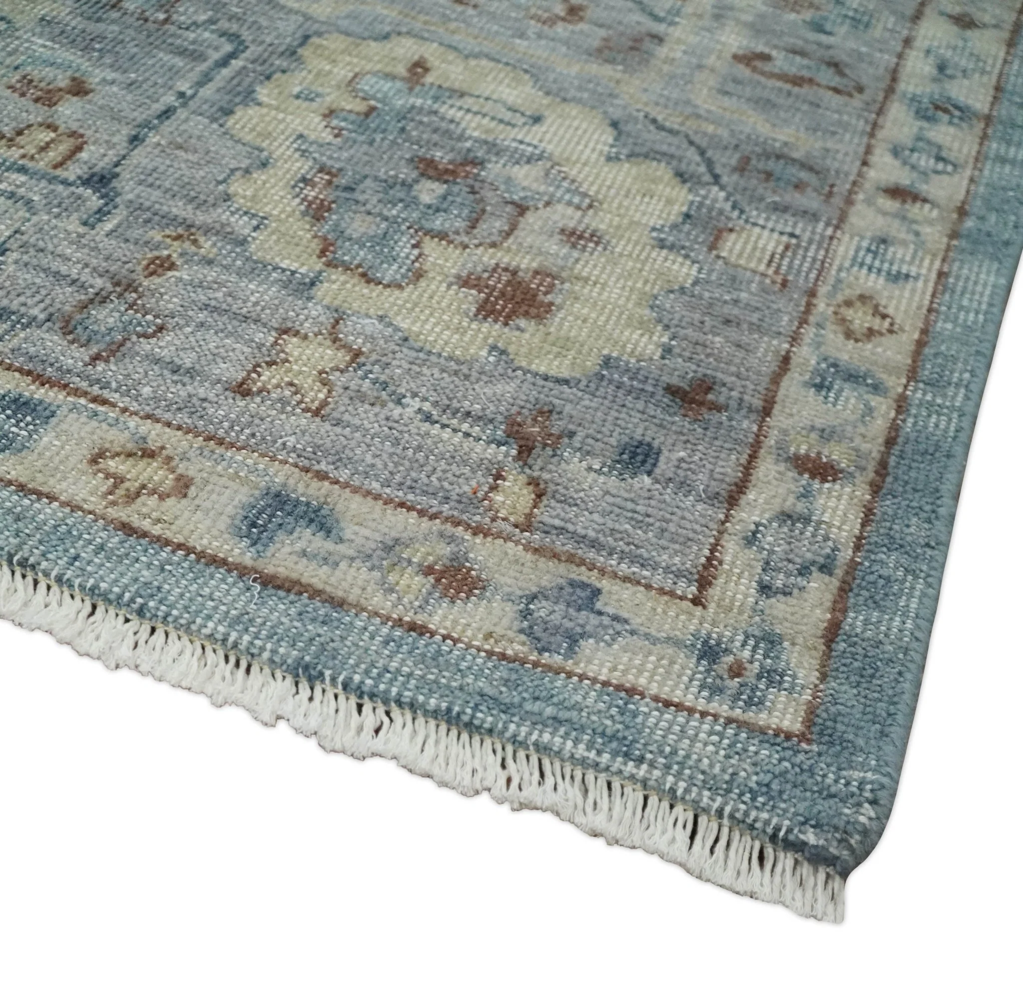 Antique Distressed finished Aqua, Beige and Brown Hand Knotted Oxidized Low Pile 8x10 Oriental Oushak wool Area Rug - Image 5