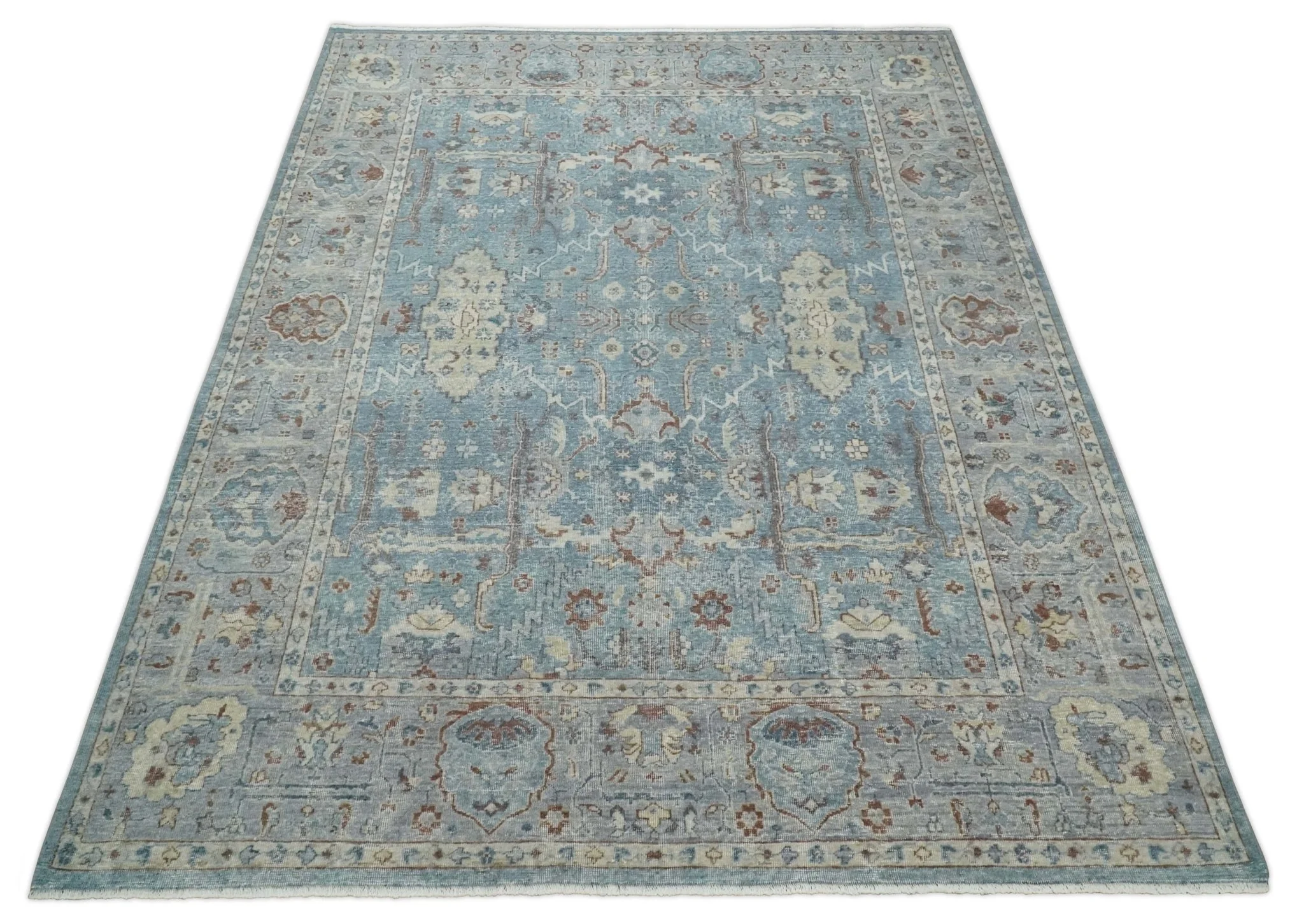 Antique Distressed finished Aqua, Beige and Brown Hand Knotted Oxidized Low Pile 8x10 Oriental Oushak wool Area Rug - Image 7