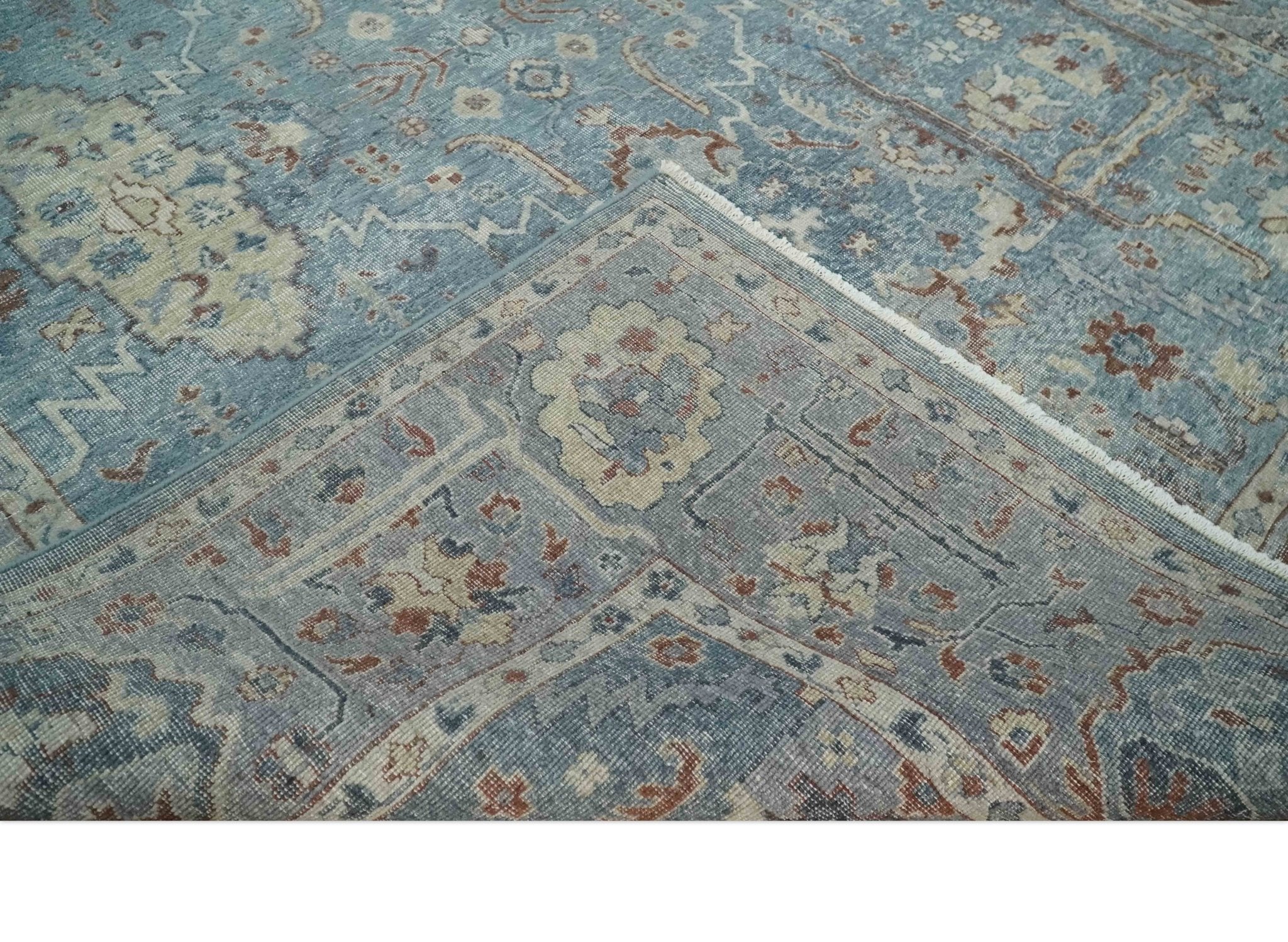 Antique Distressed finished Aqua, Beige and Brown Hand Knotted Oxidized Low Pile 8x10 Oriental Oushak wool Area Rug - Image 8