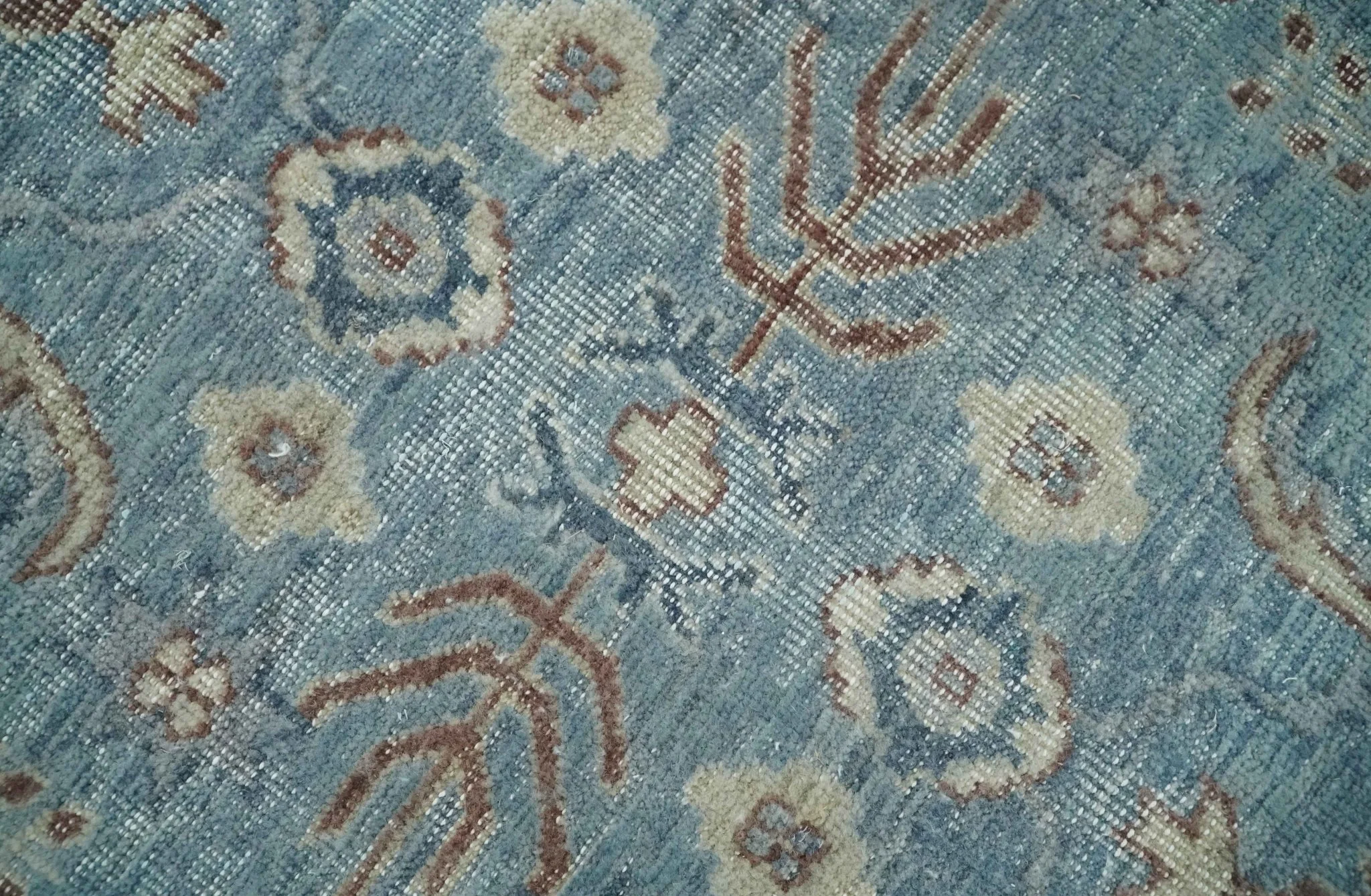 Antique Distressed finished Aqua, Beige and Brown Hand Knotted Oxidized Low Pile 8x10 Oriental Oushak wool Area Rug - Image 9