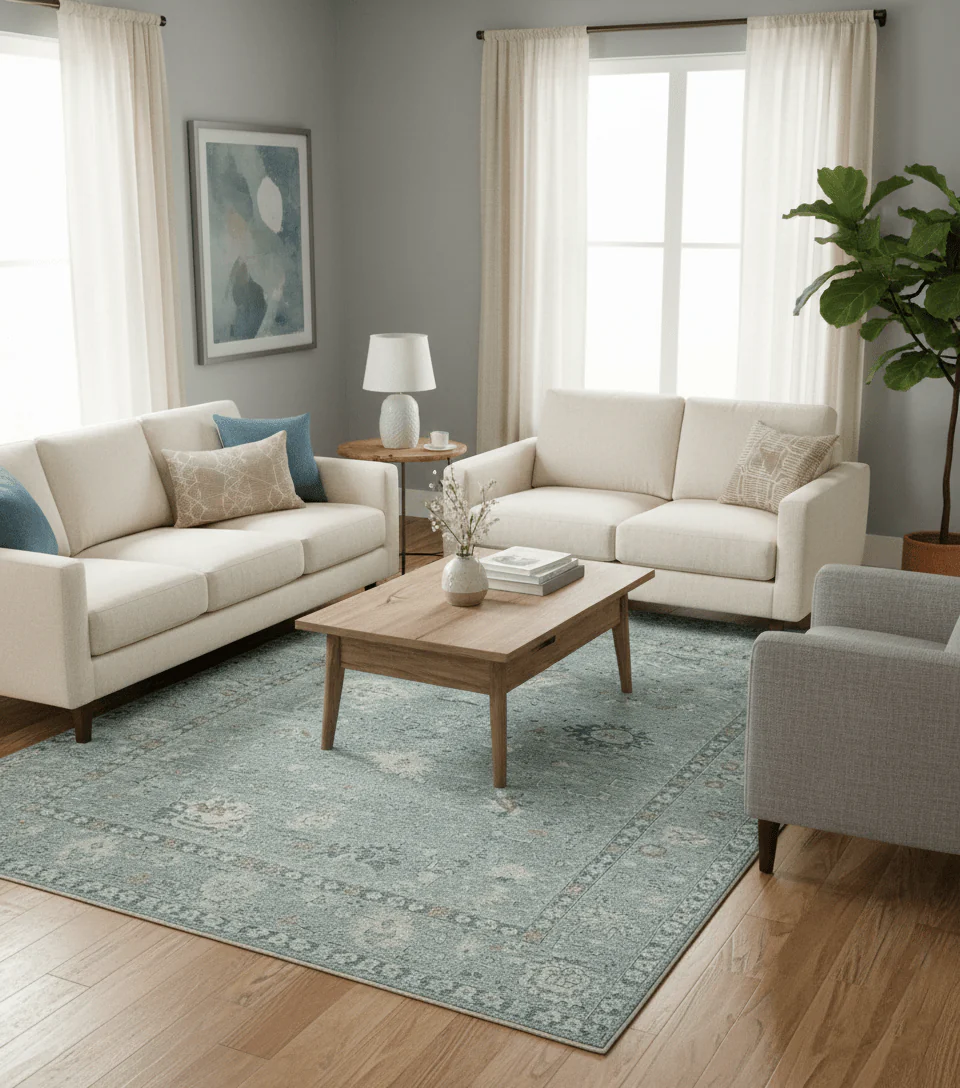 Distressed finished 8x10 Gray and Silver Low Pile wool Rug - Image 2