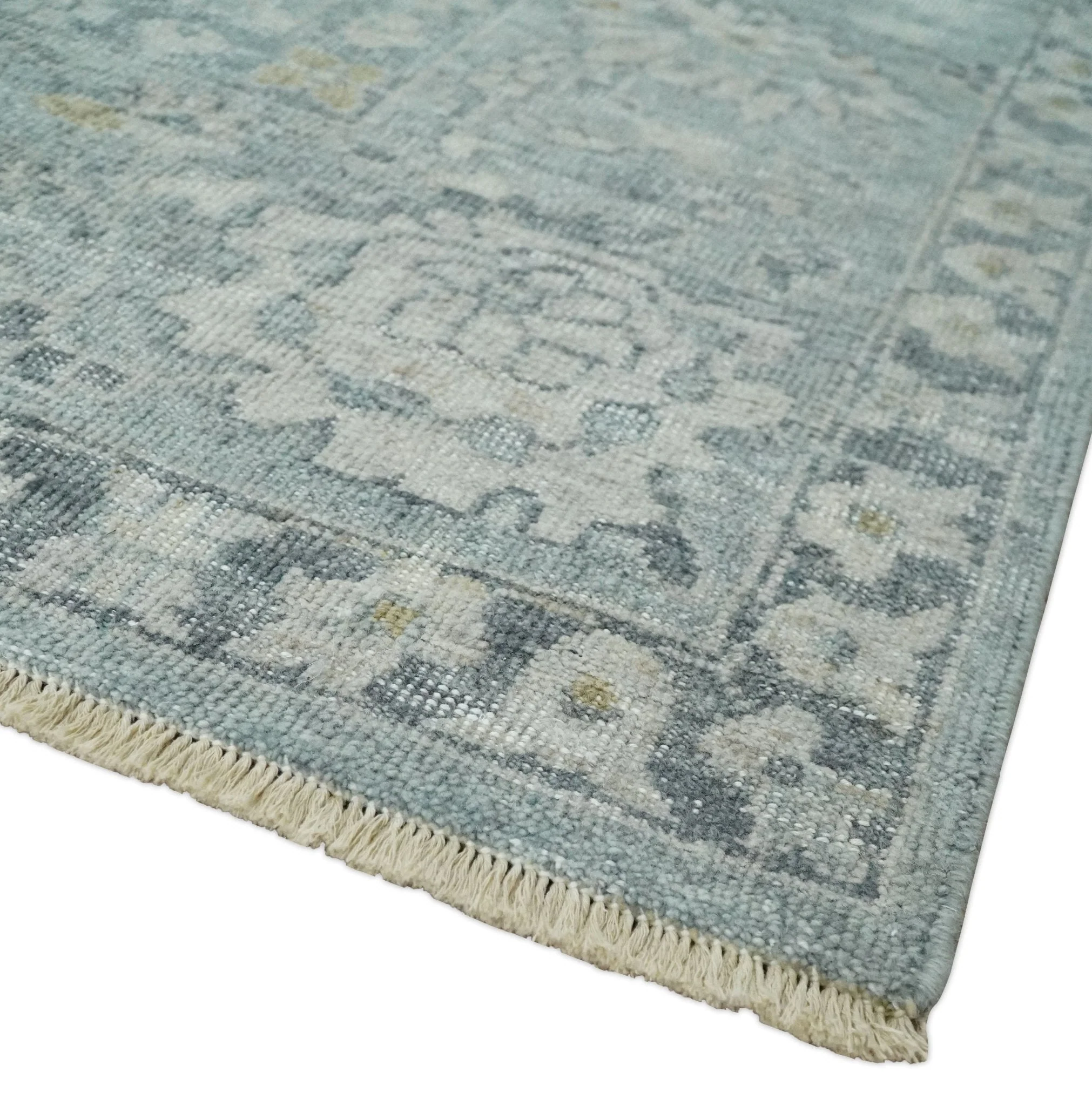 Distressed finished 8x10 Gray and Silver Low Pile wool Rug - Image 6