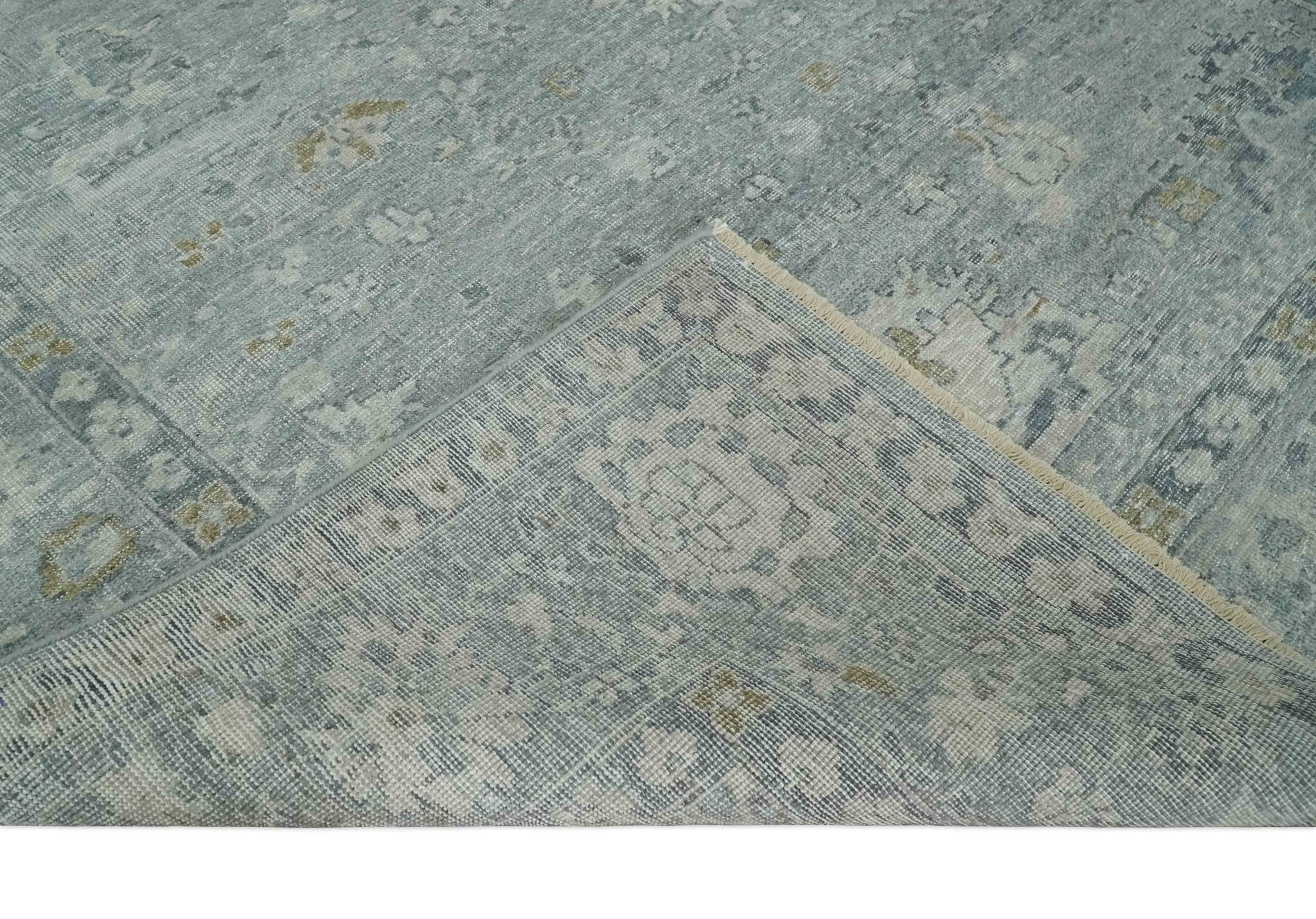 Distressed finished 8x10 Gray and Silver Low Pile wool Rug - Image 8