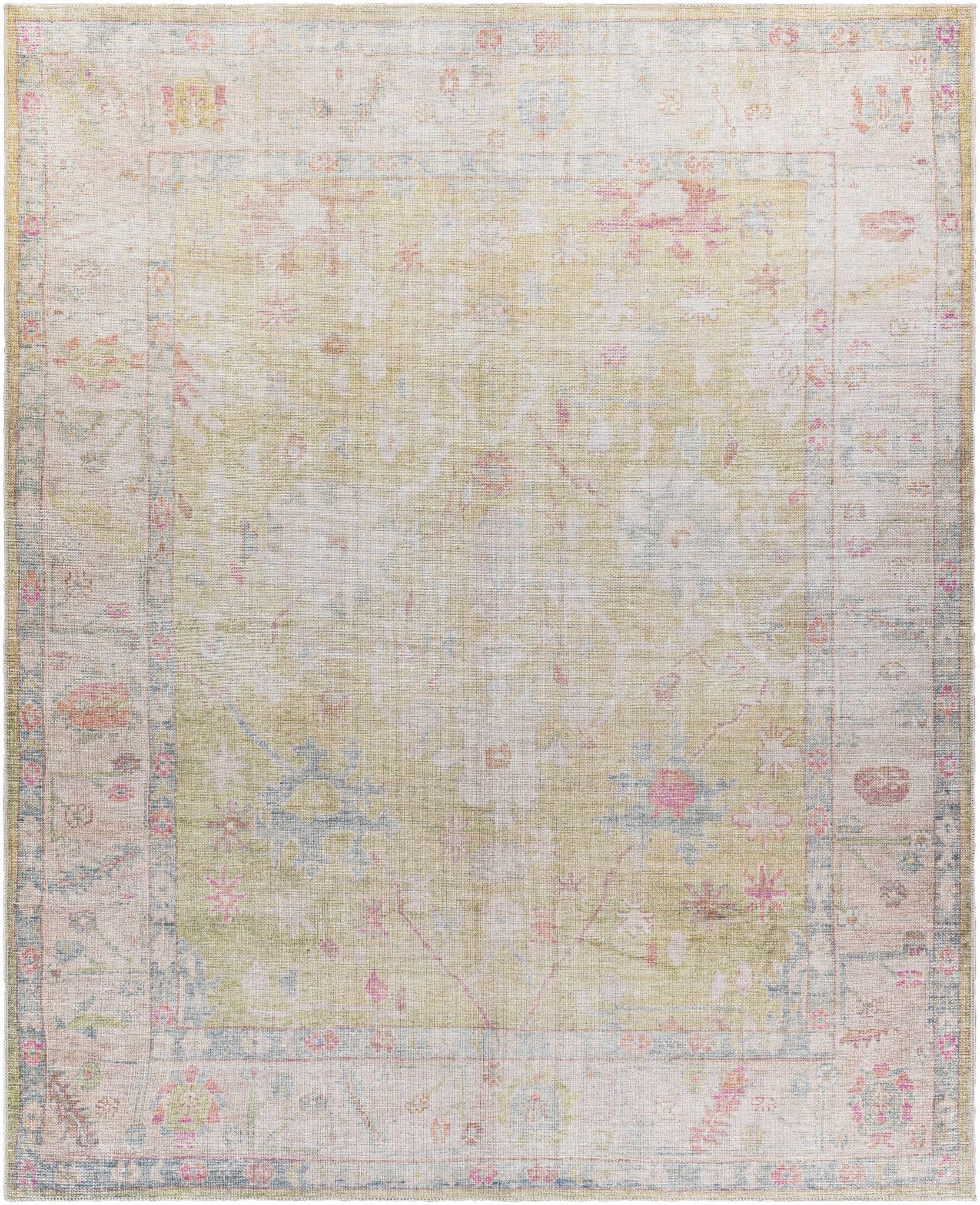 Antique Distressed Finished Mustard and Light Pink Oushak Design Washable Rug - Image 2