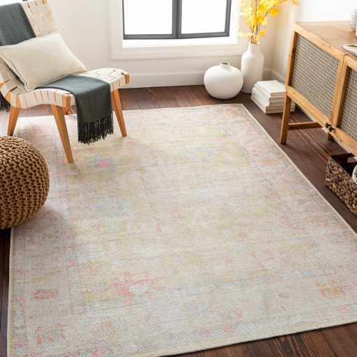 Antique Distressed Finished Mustard and Light Pink Oushak Design Washable Rug - Image 5