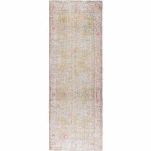 Antique Distressed Finished Mustard and Light Pink Oushak Design Washable Rug - Image 6